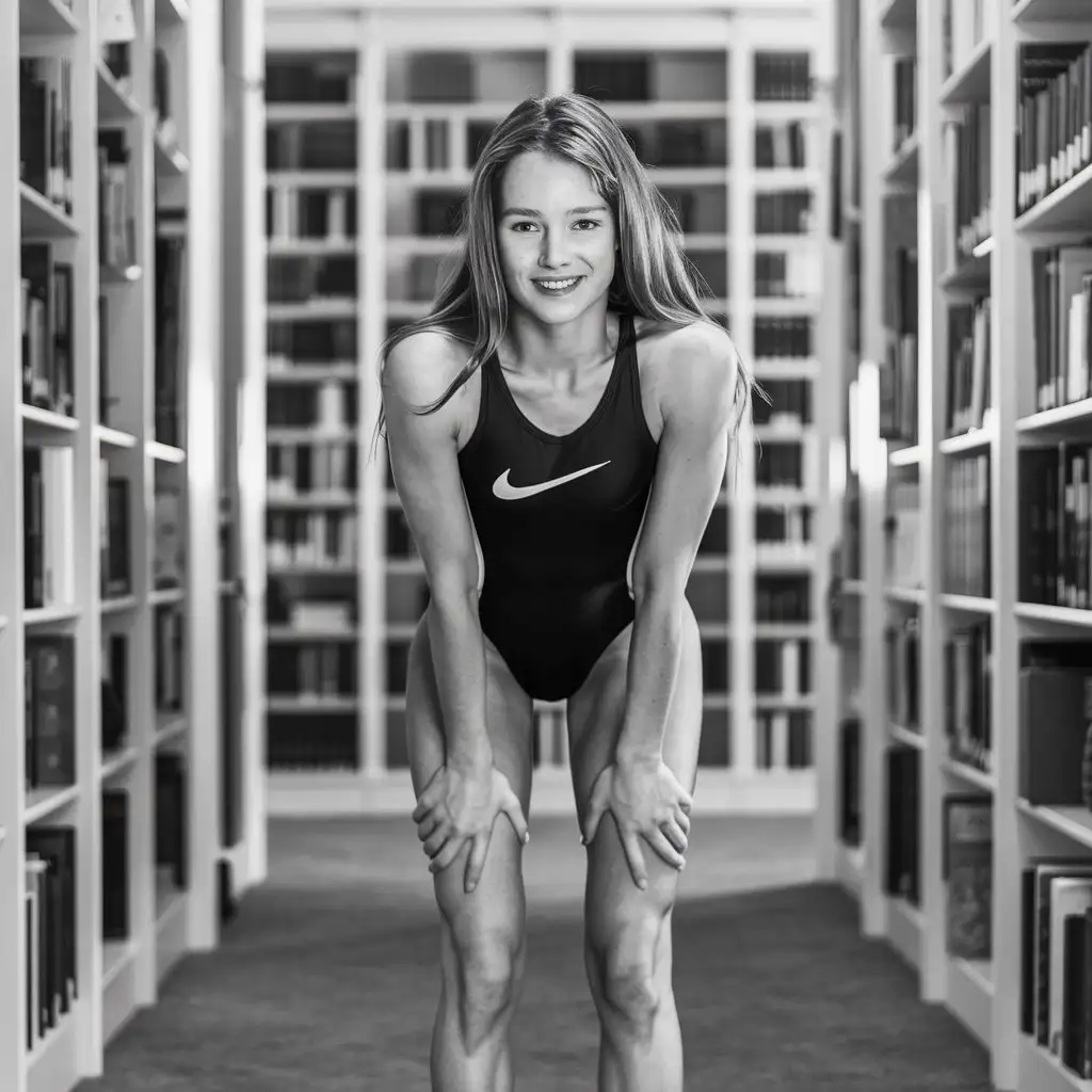 A beautiful cute 19-year-old skinny Dutch woman model with long hair wearing a Nike super-high-leg-cut competition one-piece-swimsuit, standing in a library,  bending forward, She has a shy cute smile, full body view