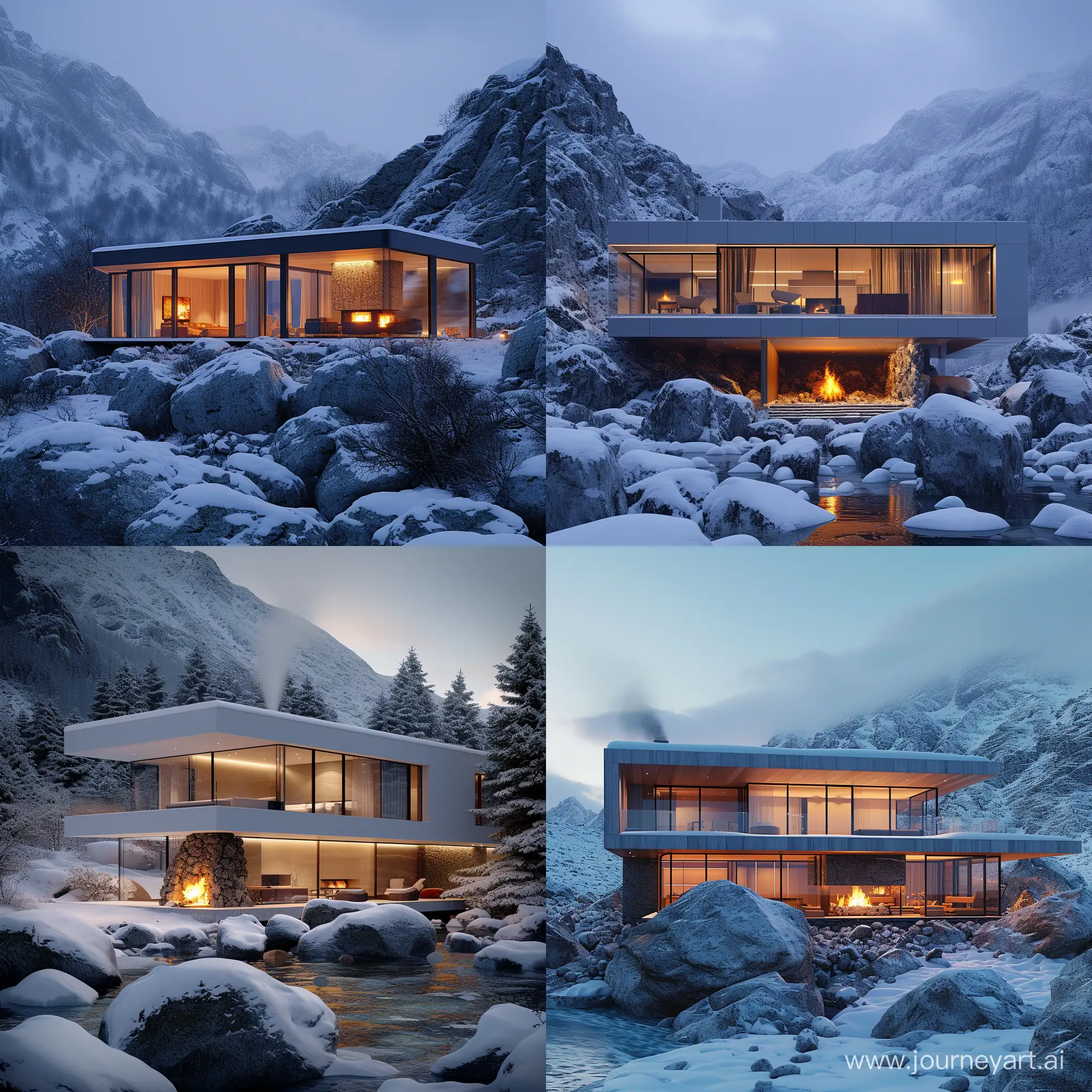 photorealistic ,canon 5D, a modern villa, on o rocks between mountain, full of snow, glossy facade, interior lighting, warm ambience inside with fireplace.