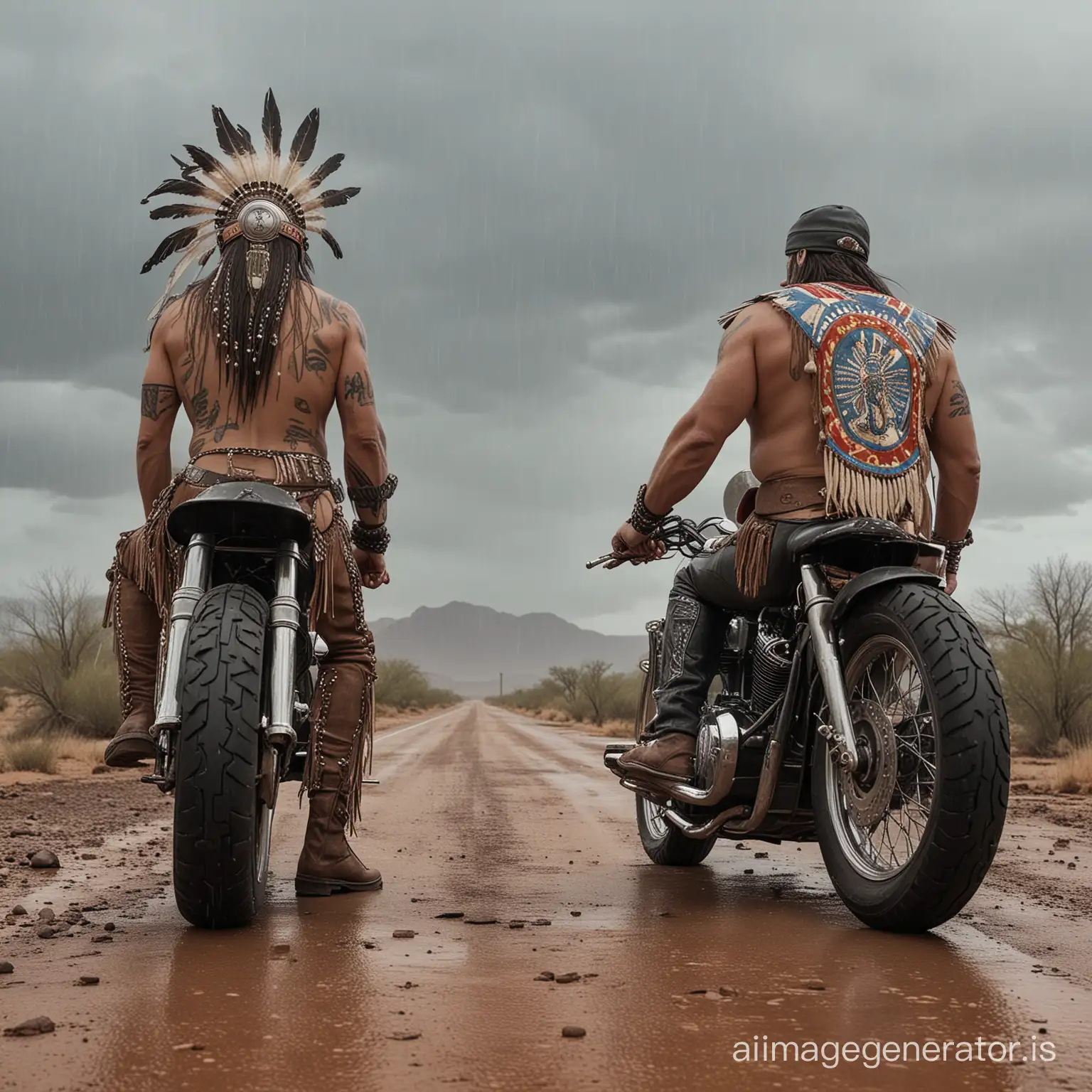 Two people facing each other, viewed from profile. First person is a Native American shaman standing proudly on his feet. Second person is a Caucasian biker sitting on his big American motorbike. The biker wears a German helmet. Both are in the Arizona desert. It's a rainy day. Very realistic style.