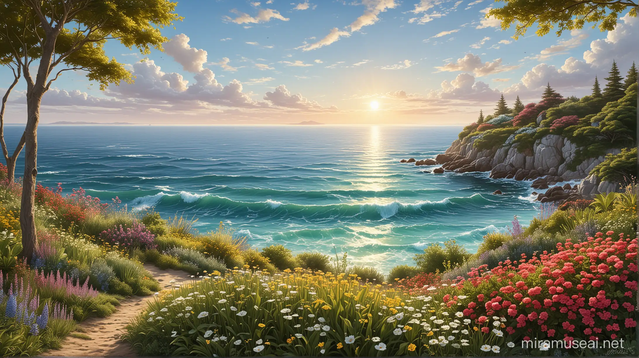 Create a photorealistic painting that captures the essence of a warm and sunny day. The scene unfolds around a serene ocean with clear turquoise waters reflecting the bright sunlight. The sky above is a brilliant azure with a few wispy clouds, and the sun shines down from its high noon position, casting a radiant light across the seascape. On the shore, there's a lush garden abundant with a variety of flowers in full bloom—reds, pinks, purples, yellows—interspersed with rich green foliage. The garden extends to the water’s edge, where gentle waves kiss the land. The vibrancy of the garden contrasts beautifully with the calmness of the ocean, creating a harmonious balance between flora and the sea. The overall atmosphere is one of peace and perfect, natural harmony.