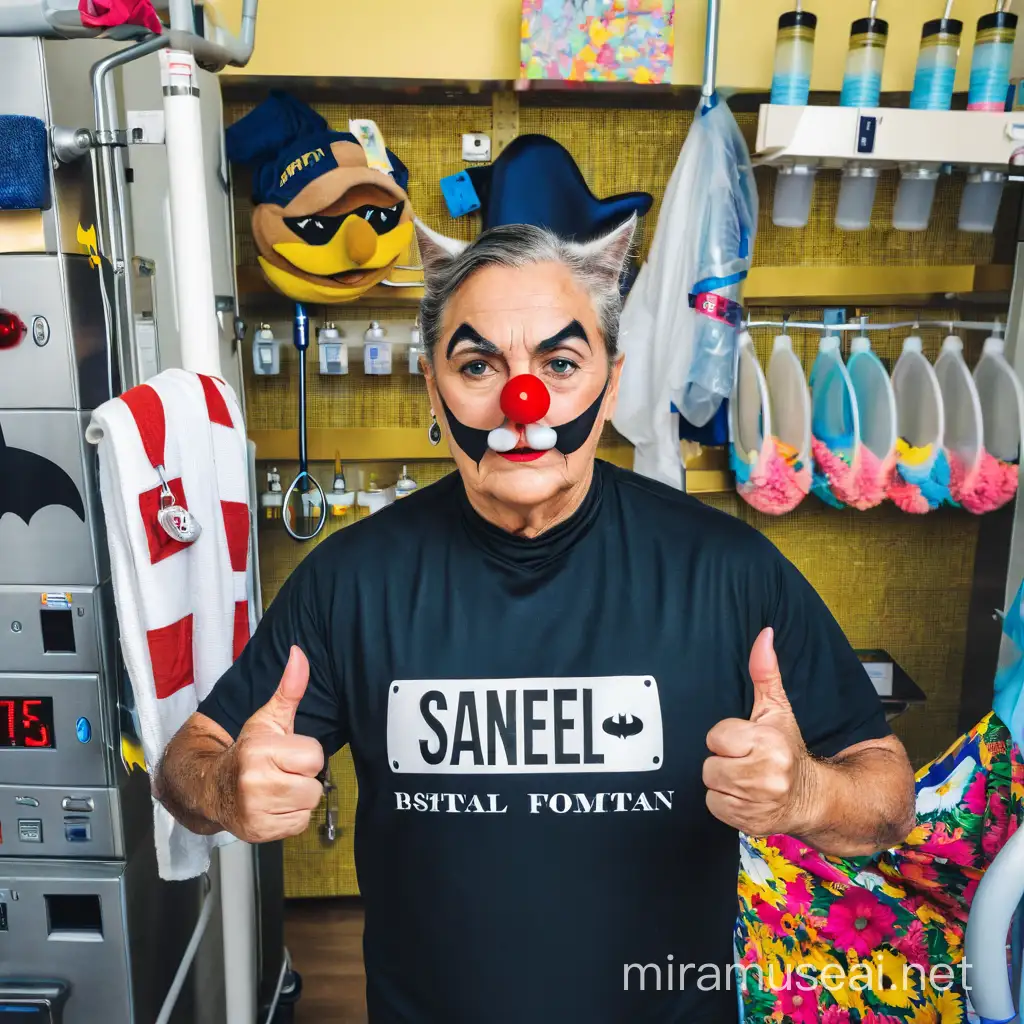 personaa convertida e un gato azul  con orejas de cerdo y vestido de batman  con un fondo de hospital y una cara de mujer con la ropa de batman y la cara pintad de un payaso
