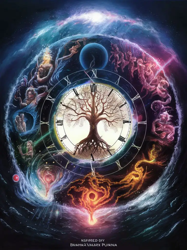 Visualize the cosmic cycles described in the Brahma Vaivarta Purana, representing the eternal flow of time and creation.