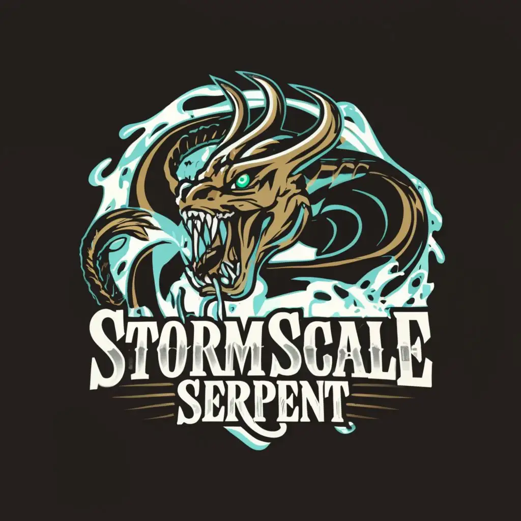 a logo design,with the text 'stormscale serprent', main symbol:water serpent with fangs and horns with scary aura,complex,clear background