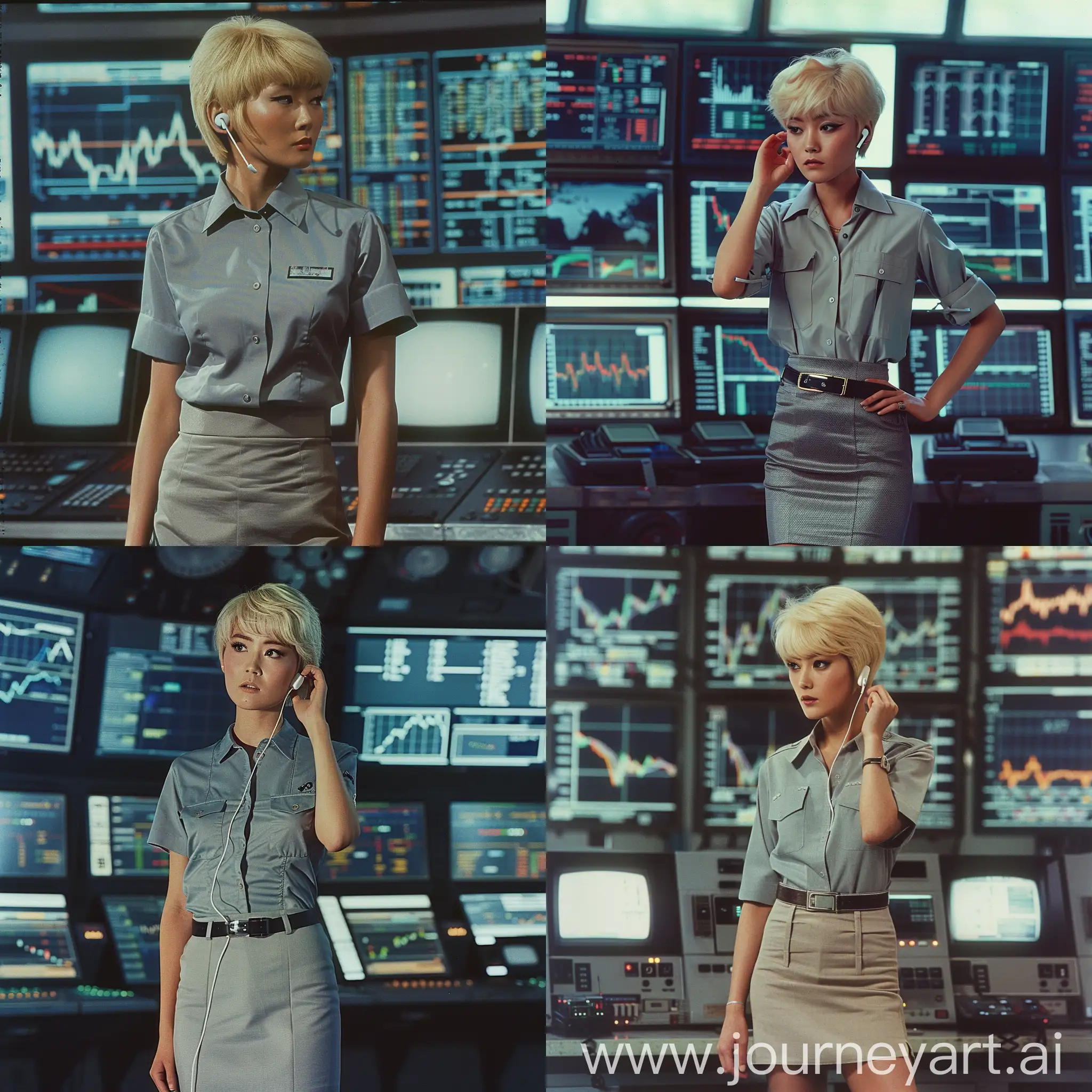 blond blonde with short hair mixed Asian and European in a gray shirt and skirt with an earphone in her ear in front of a background of monitors and charts in a realistic sci-fi style, 1980