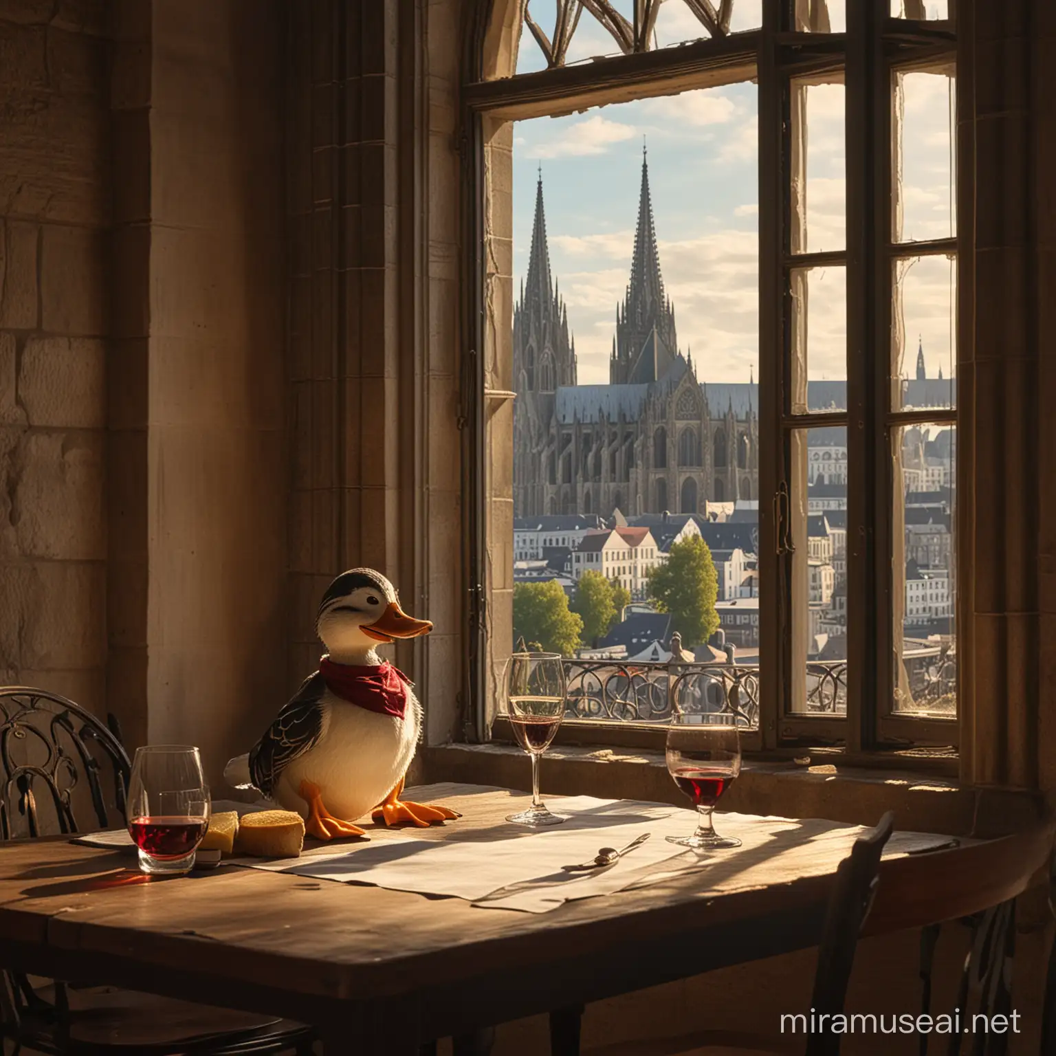 Dagobert Duck sitzt am Tisch und trinkt einen Wein, aus dem Fenster sieht man den Kölner Dom, lebendig, detailliert, Licht und Schatten