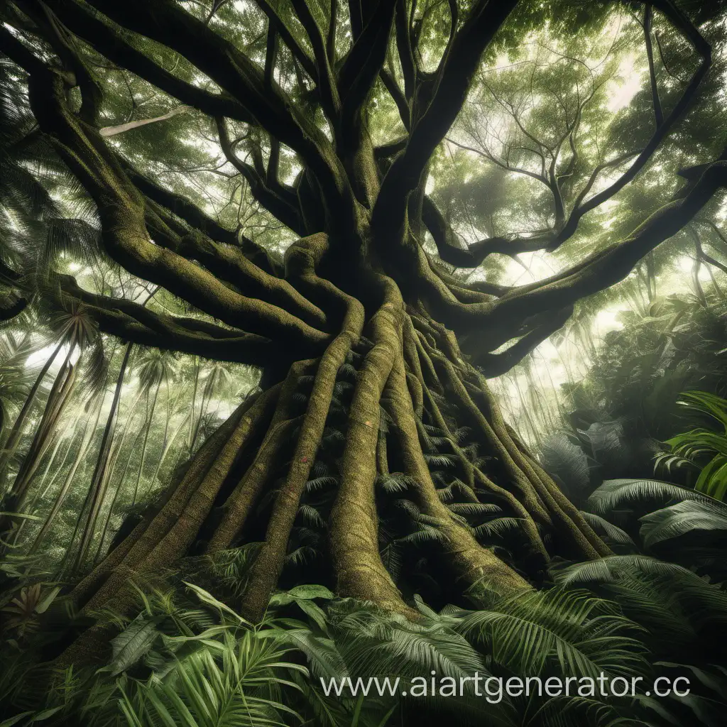 Giant tree, leaning to the side amidst the jungles, created from the interweaving of many other trees