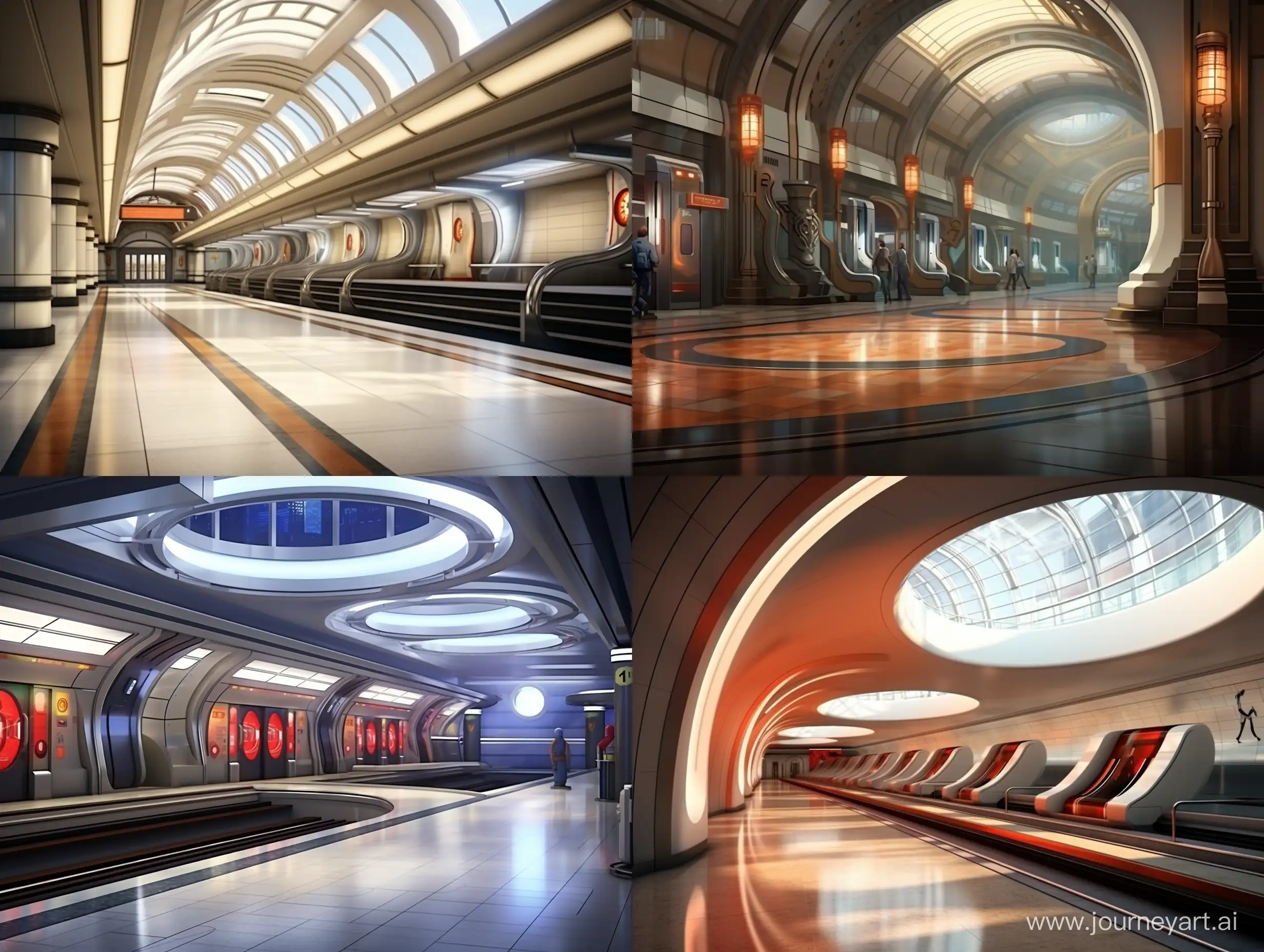 Современная подземная станция метро, тонкие колонны в центре зала, поезд прибывает на перрон., люди ждут поезд, фотореализм
