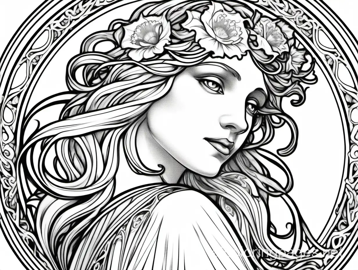 June,  digital painting , extremely detailed , Alphonse Mucha, Art Nouveau, Coloring Page, black and white, line art, white background, Simplicity, Ample White Space. The background of the coloring page is plain white to make it easy for young children to color within the lines. The outlines of all the subjects are easy to distinguish, making it simple for kids to color without too much difficulty