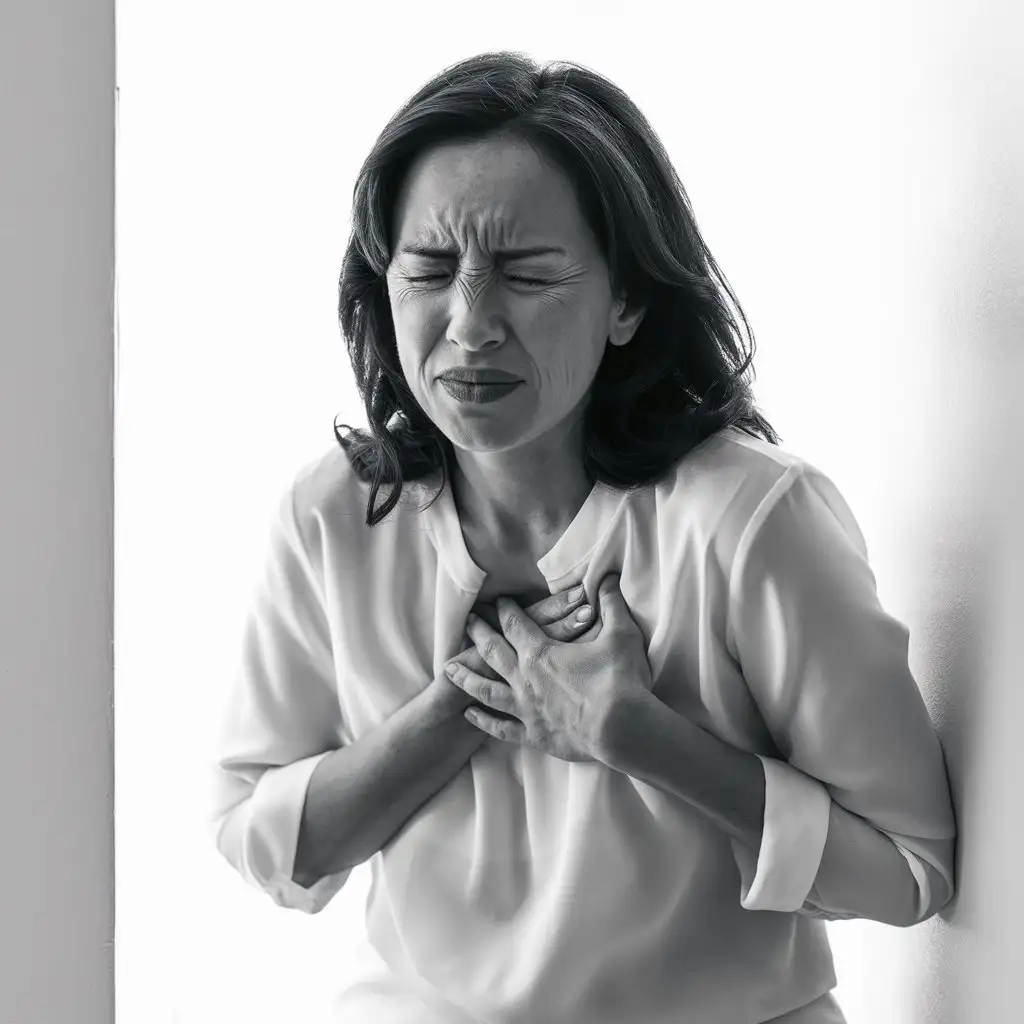 40YearOld White Woman in White Sweater Experiencing Heartache with a Minimalistic White Background