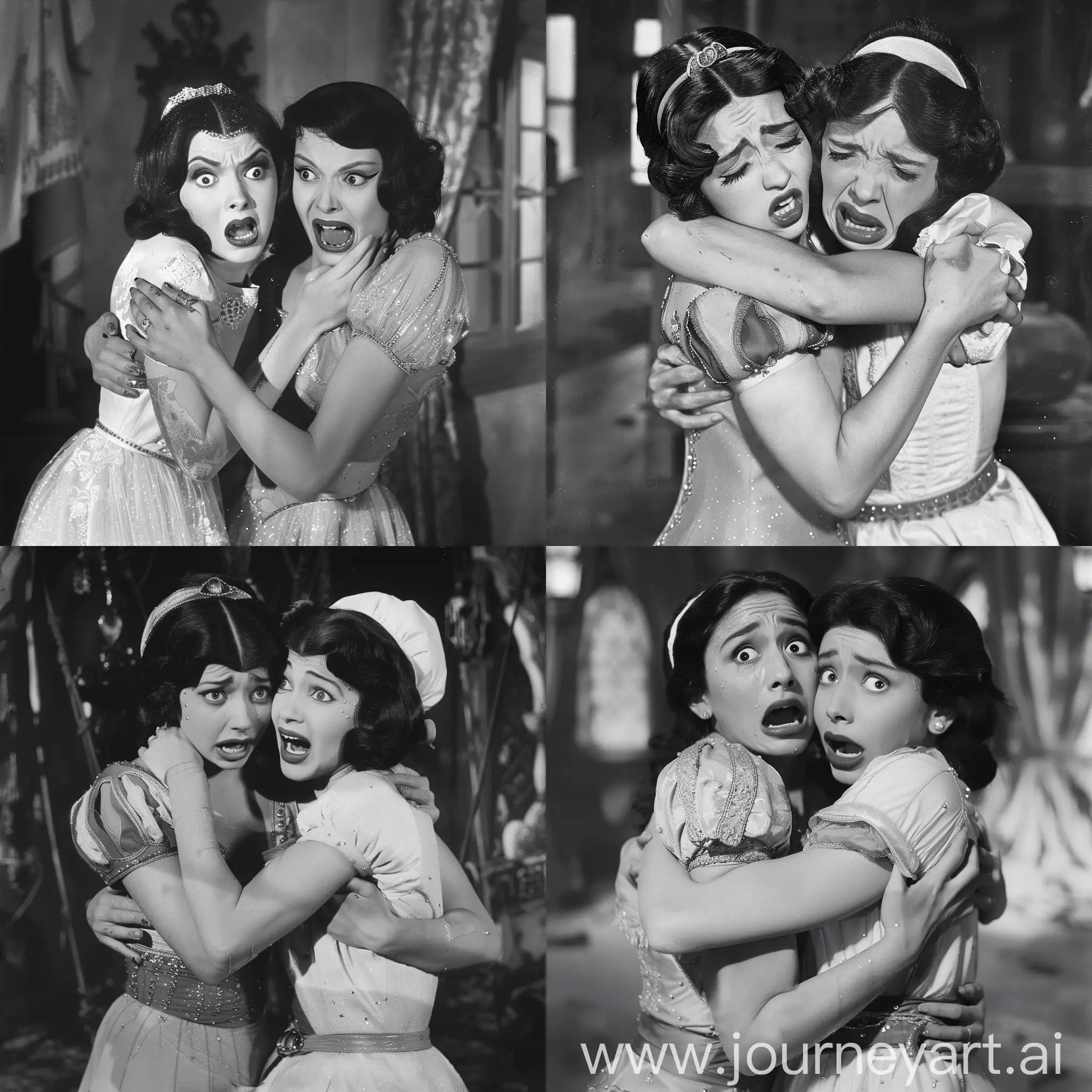 Two Lesbians short sleeve princess jasmine and princess snow white and hug very crying very scream wail style Disney grimm 1936 photo