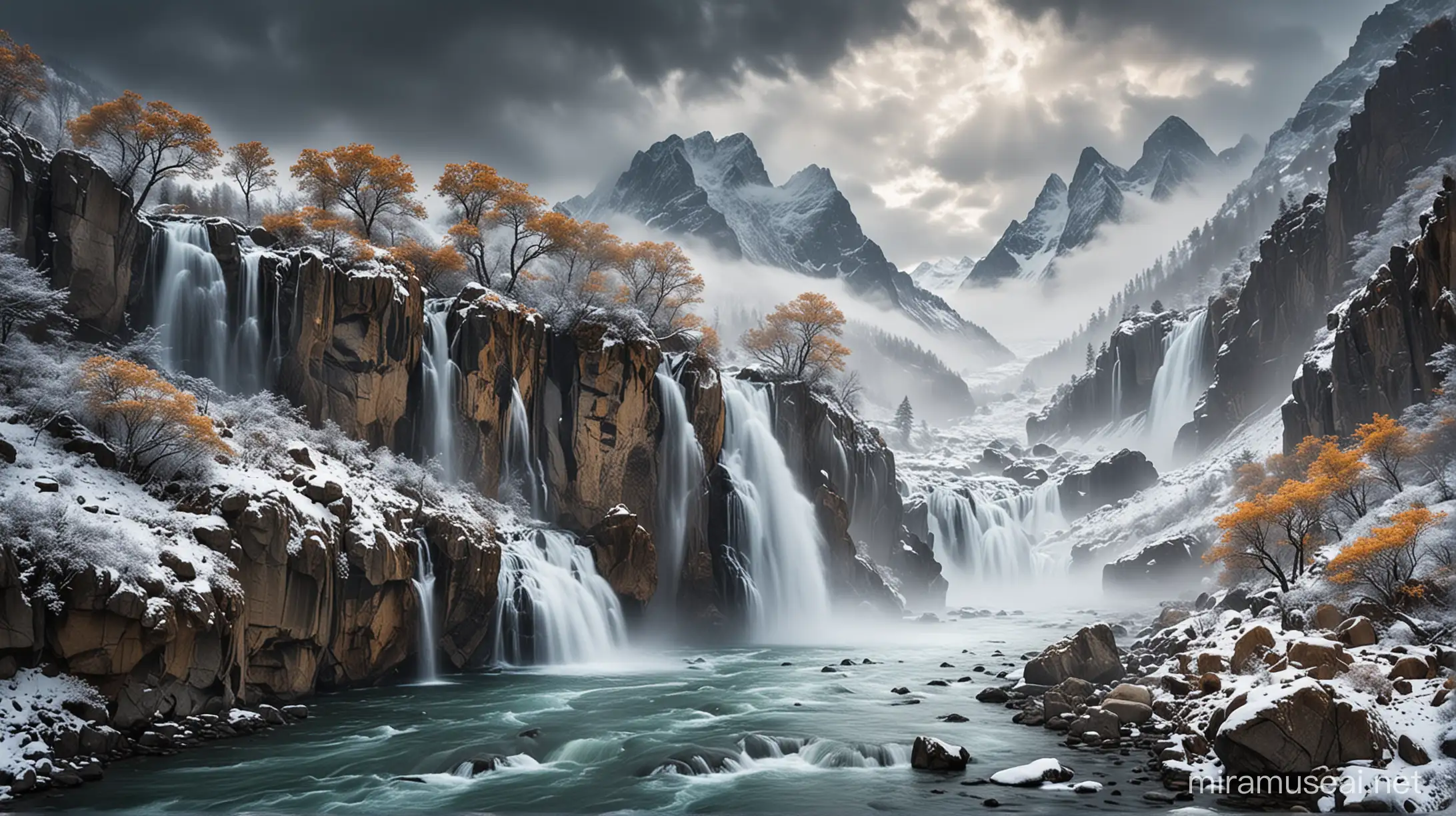 Majestic SnowCapped Mountains and Serene Valley Landscape with Waterfall