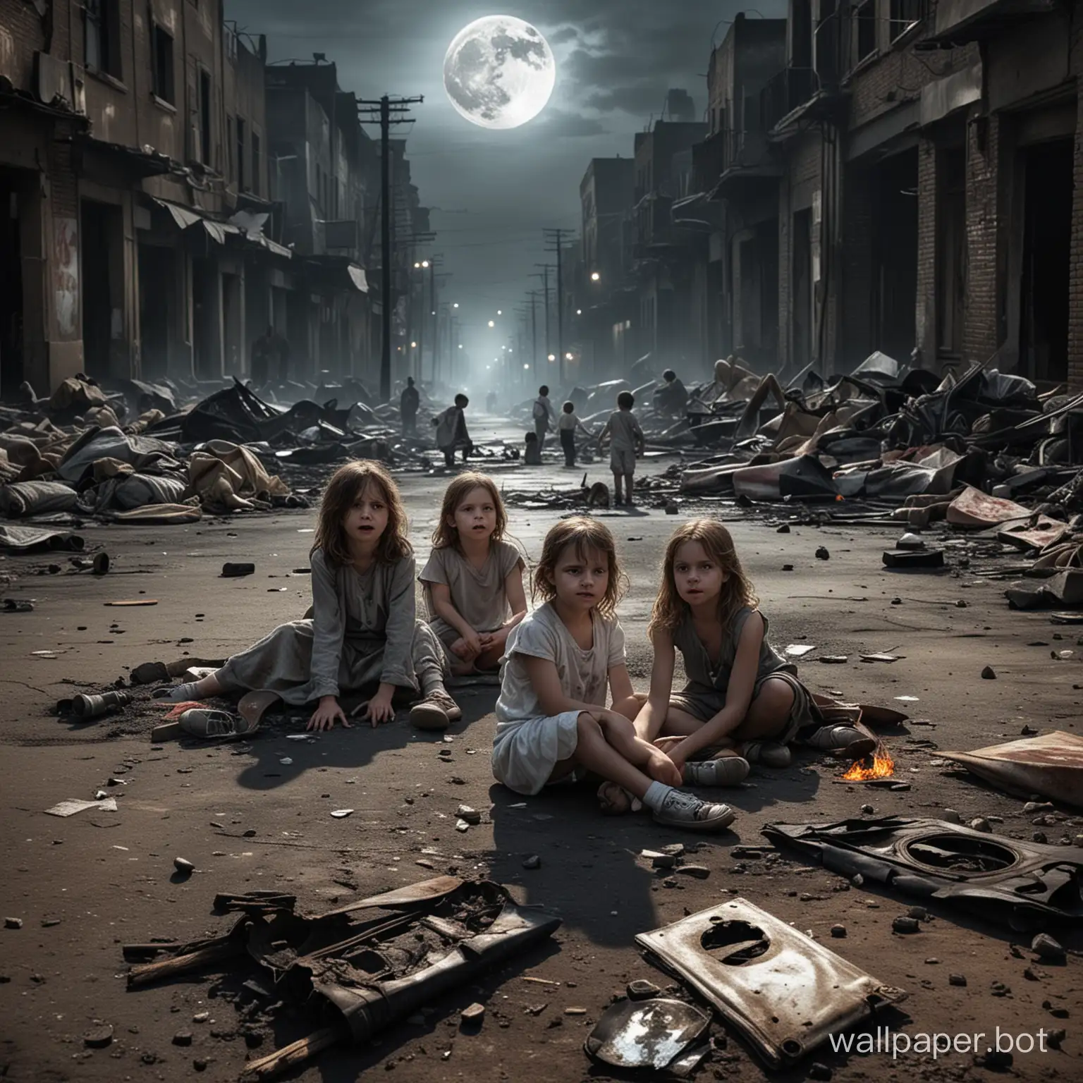 Crying-Children-in-Urban-War-Zone-with-Hovering-Dark-Angel