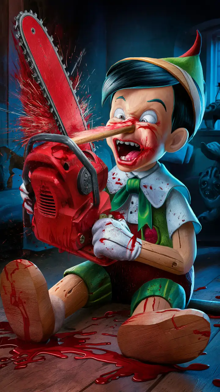 Pinocchio Cutting His Nose with Chainsaw Whimsical Wooden Puppet Scene