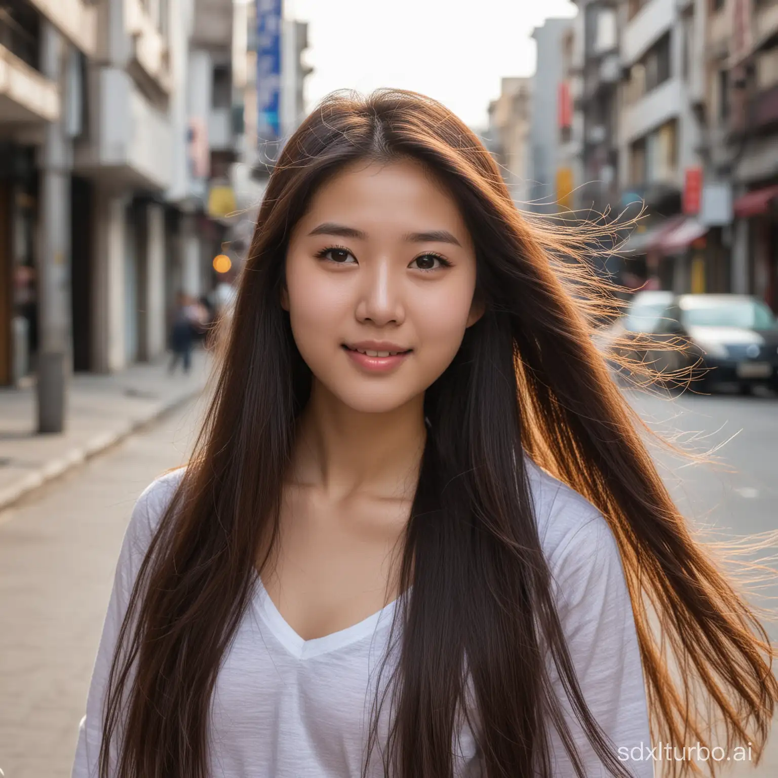 Chinese girl, 18 years old, plump, beautiful, with long flowing hair, standing on the street looking at the camera with affection, half-length shot