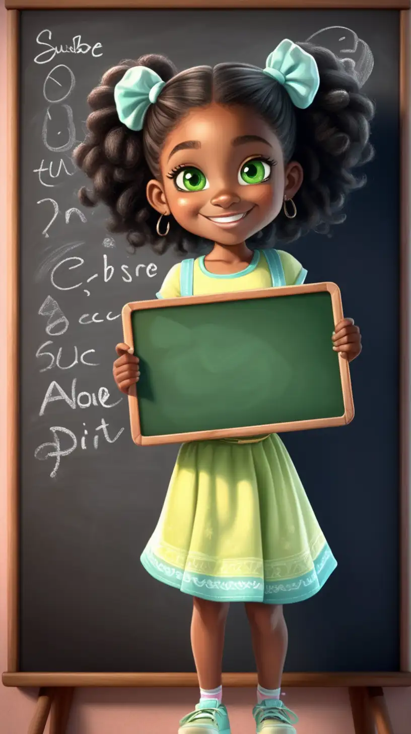 Create a 3D illustrator of an animated scene where a charming and attractive little black girl child with green eyes, standing and holding a chalkboard written with "Subscribe For More!". The dark little girl is smiling peacefully. Beautiful, mildly colourful and spirited background illustrations.