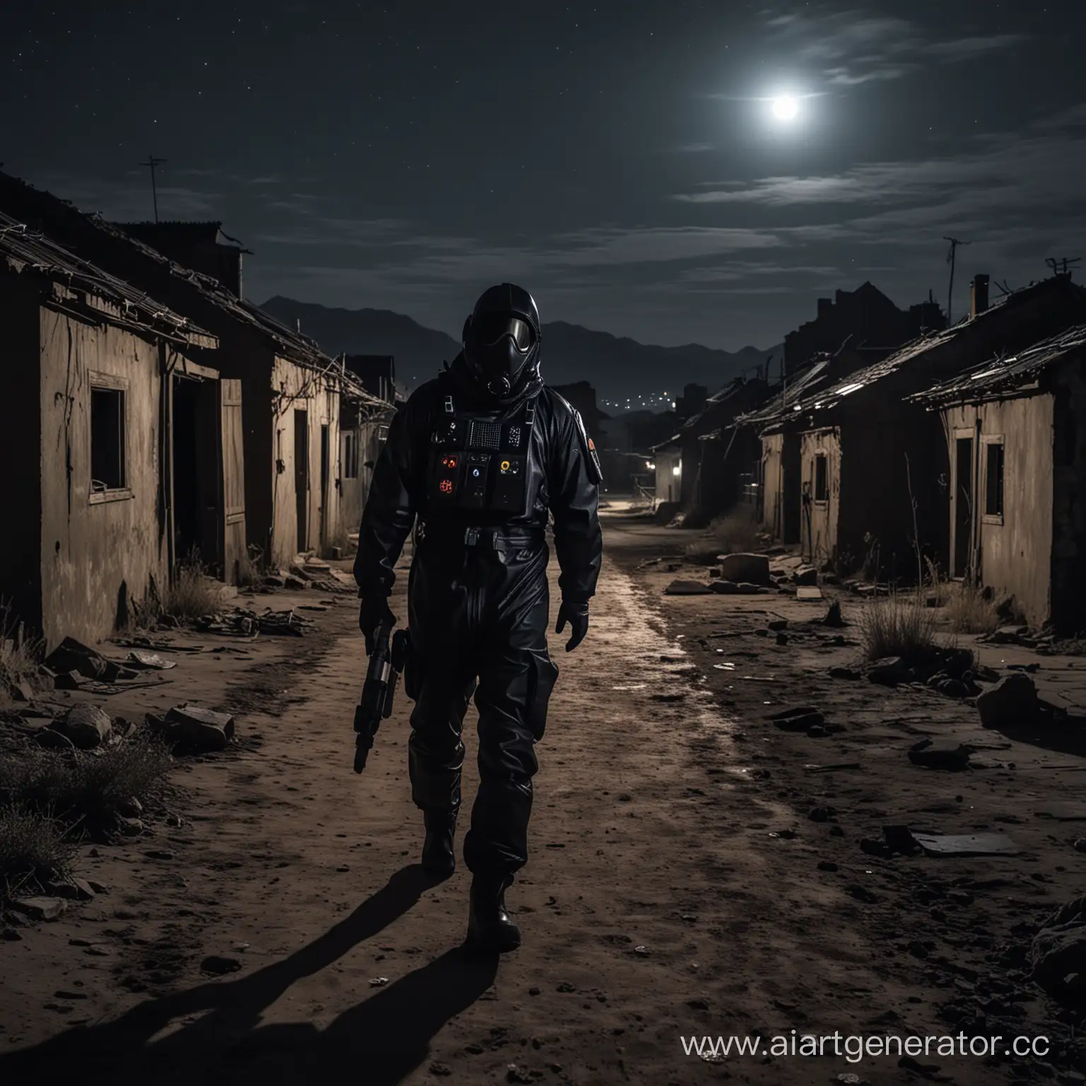 человек в черном радиационном костюме идущий по заброшенной деревне ночью 
