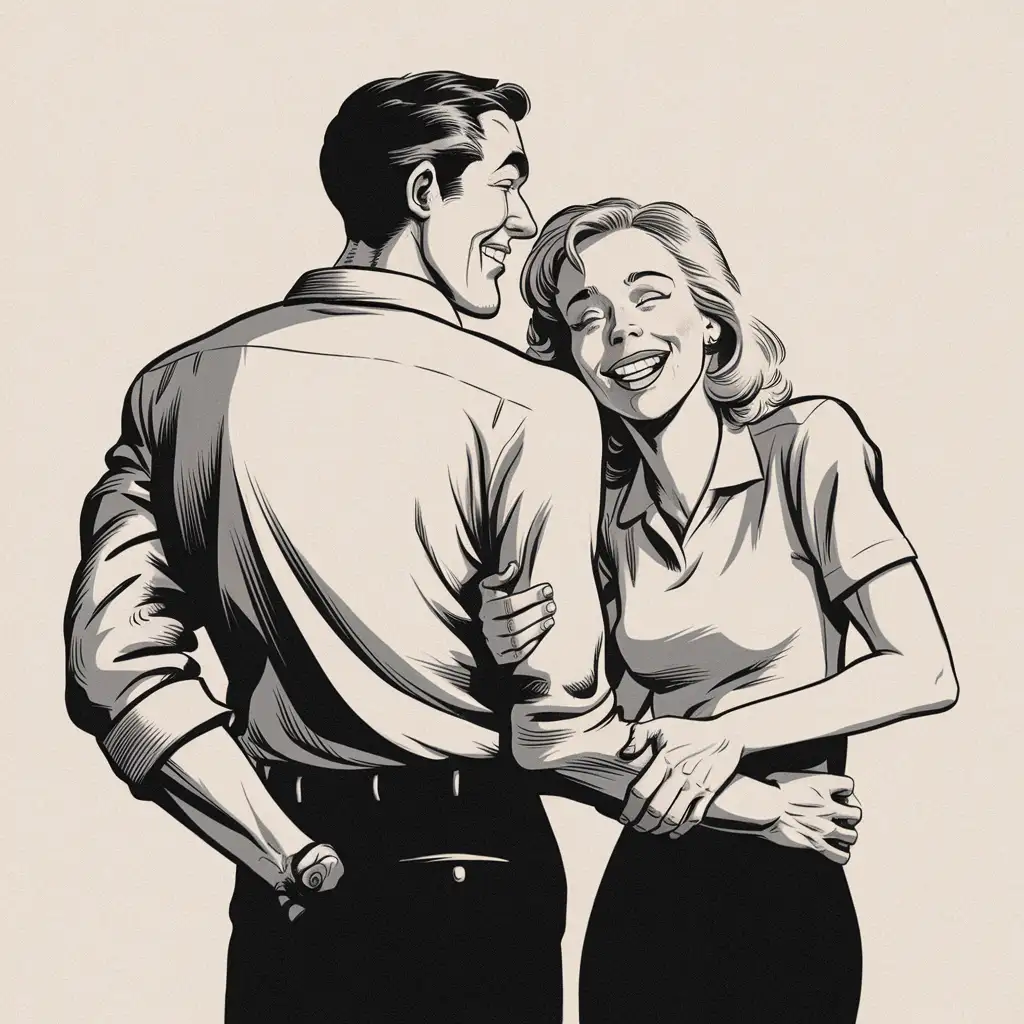 black and white cartoon image of  modern couple looking at each other and laughing, perspective is from behind, he is tall and muscular, she is average height with light hair