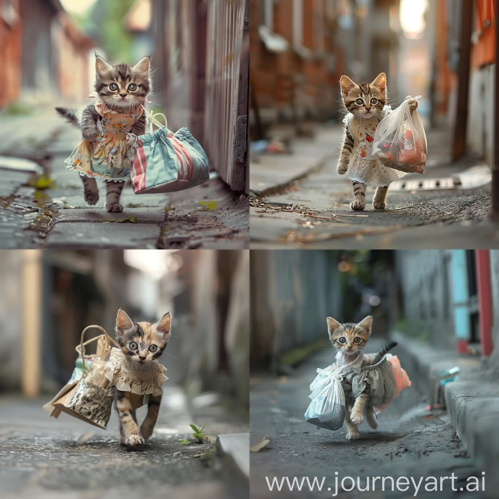Adorable-Kitten-Strolling-in-Dress-with-Bag-of-New-Clothes