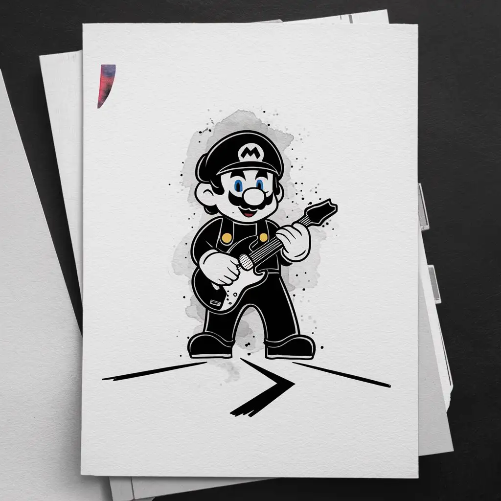 vector t-shirt design, minimalist ink drawing style, vanishing point on white paper, Super Mario, playing guitar, watercolor splash, black and white, with only a few red and blue elements, art included as additional elements