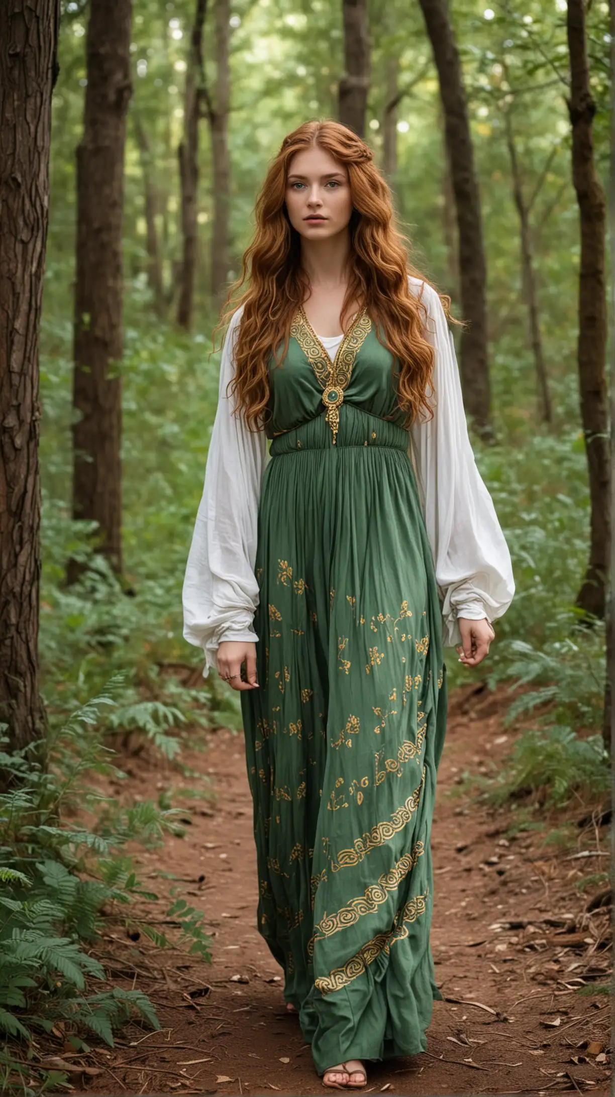 18-year-old girl Julie Roberts with long, wavy auburn hair, and intense green eyes. She is wearing an ancient Greece dress while walking in a forest