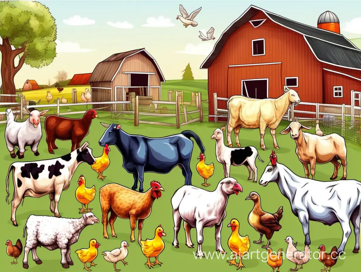 ферма с животными: курица, корова, индюк, утка, кошка, собака, осел, овца, коза. Реалистичный цветной рисунок