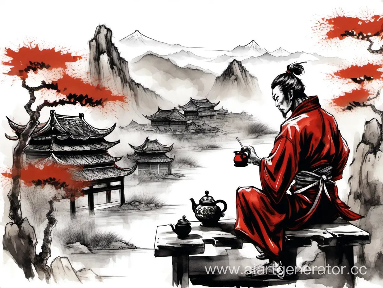 Chinese-Samurai-Enjoying-Tea-in-Traditional-Landscape