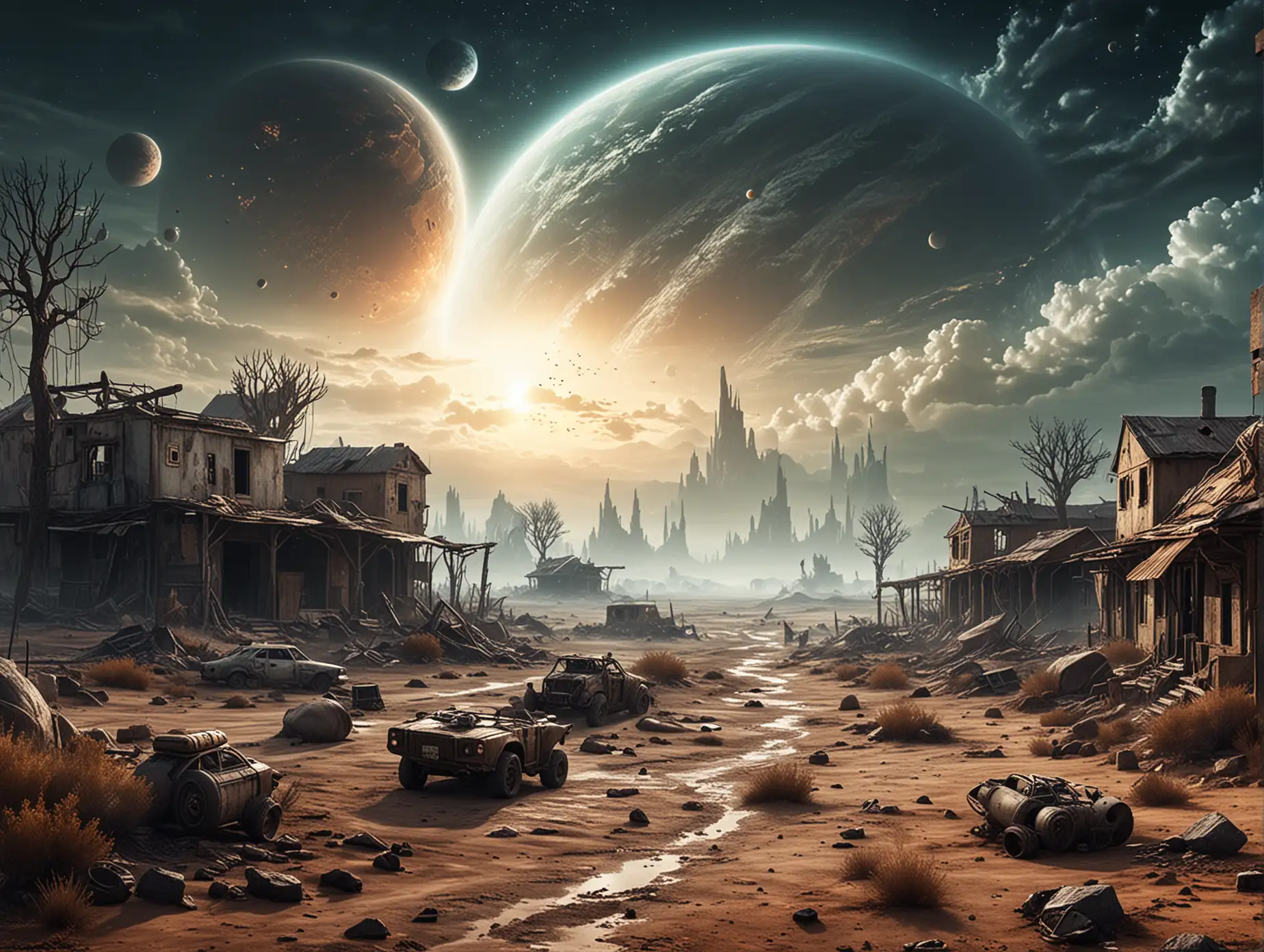 post apocalyptic world in another universe view with 3 another planet on the sky. post apocalyptic village from onether world
