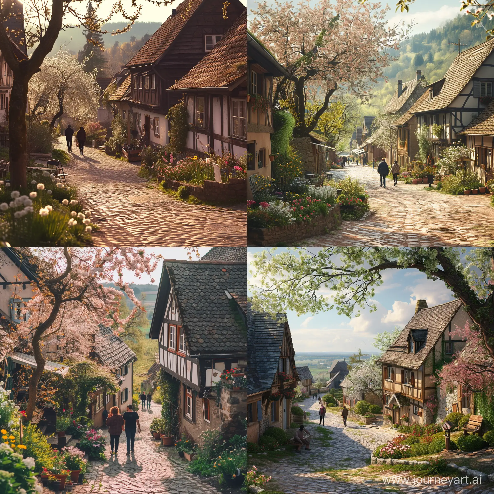Cozy countryside village during spring break, travelers walking on cobblestone streets, blooming gardens, quaint houses. Created Using: rural charm, spring bloom, peaceful village life, cinematic countryside view, hd quality, natural look