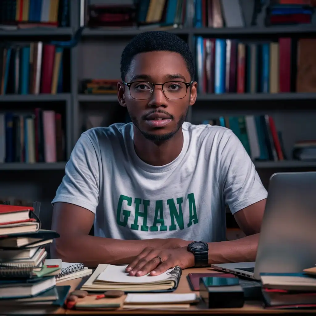 A 32 years old young man journalist wearing Ghana t-shirt flag sitting behind his desk look straight into the camera with his glasses on