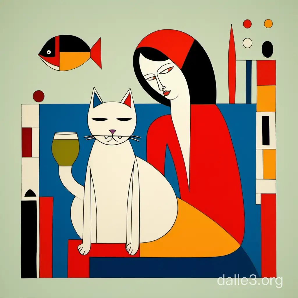дама с котом пиво и рыба многоцветный растровый рисунок минимализм примитивизм супрематизм наив