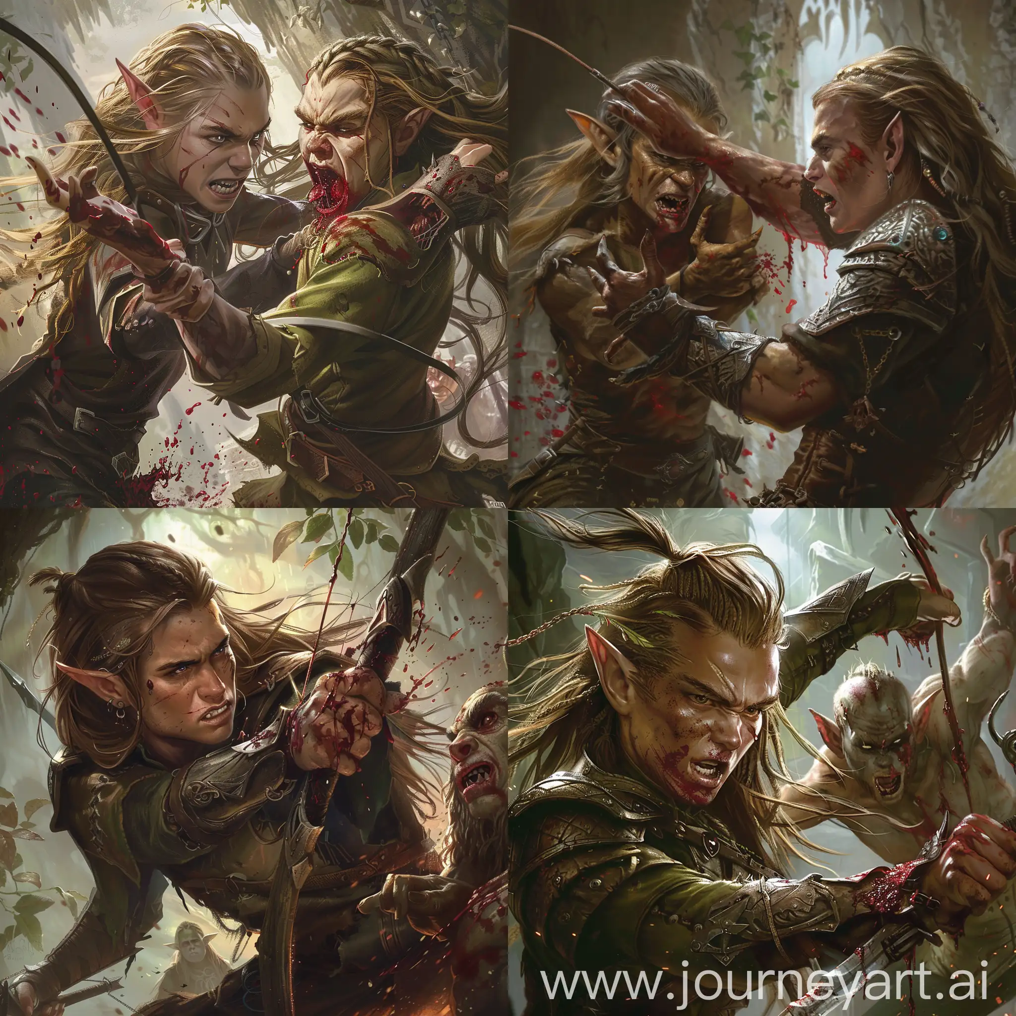 Young elf male, beautiful face, long hair, fights a goblin, elf wields whip, goblin is very bloody. 
