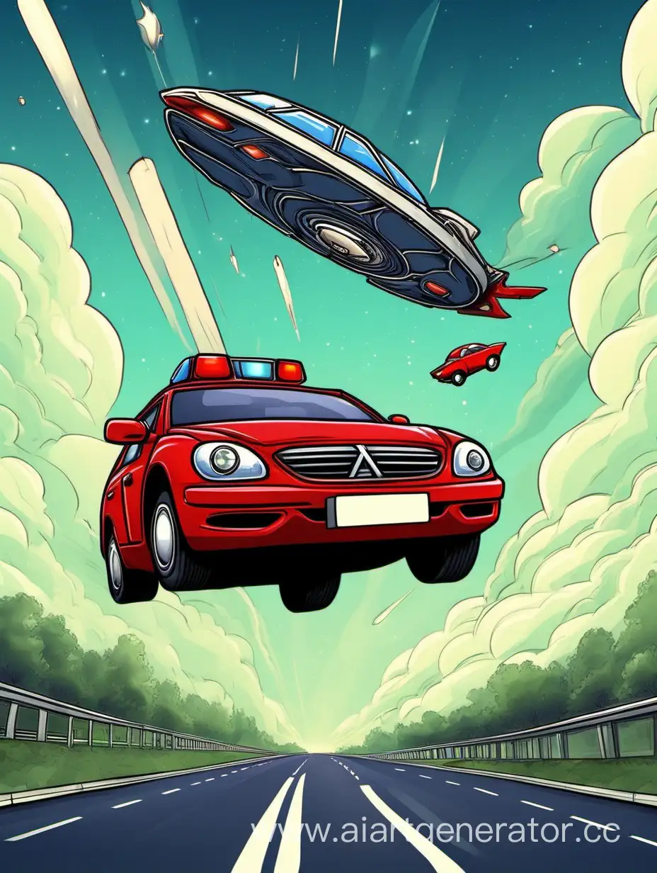 Police-Officer-Halting-Red-Car-Under-UFO-and-Flying-Vehicle