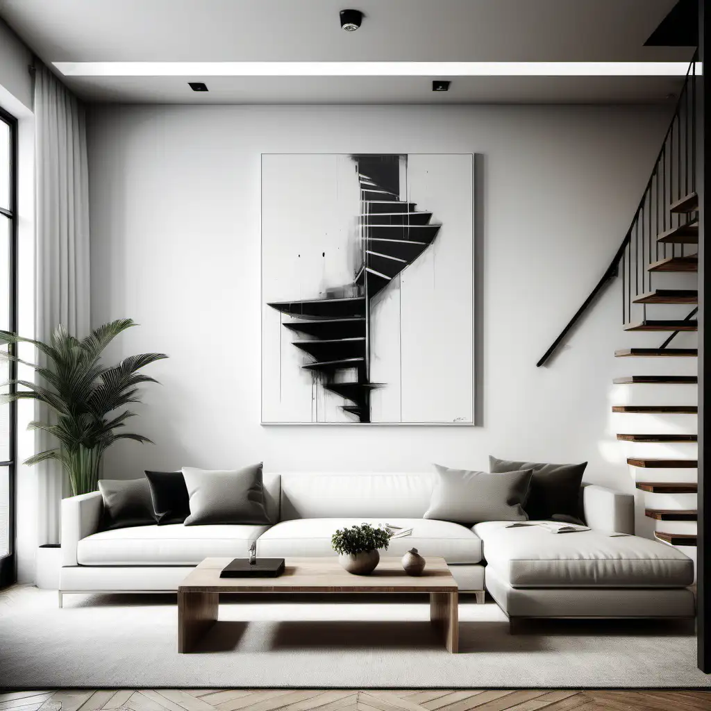 Imagine a cool urban lounge with clean lines and modern vibes. White walls create a fresh backdrop, and there's this one empty canvas, waiting for a large, eye-catching artwork to make a statement. Add sleek modern stairs, and you've got a space that's chic and welcoming – the perfect spot to showcase your style with a striking piece of art
