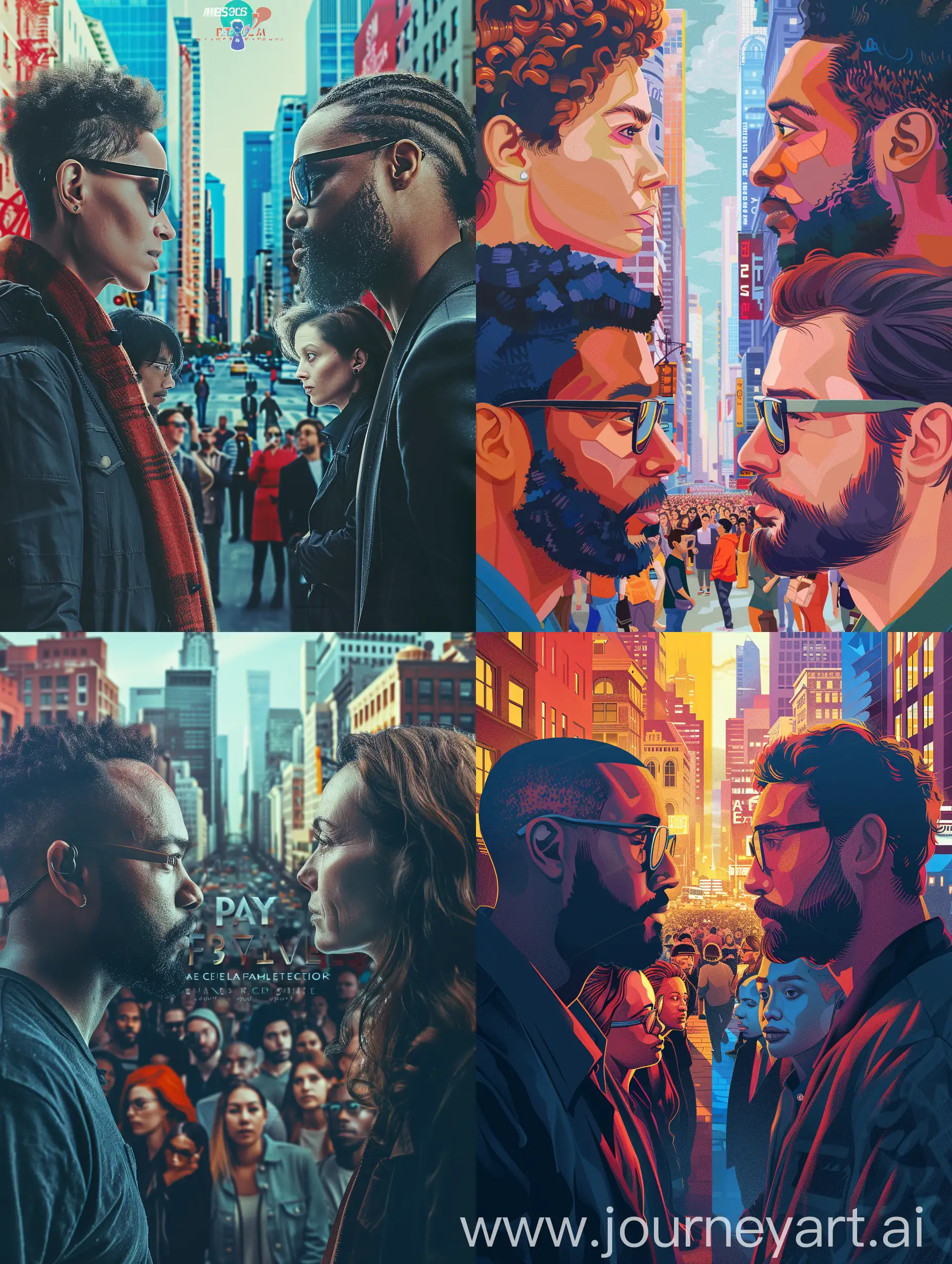 Poster, film festival logo, diverse group of filmmakers, bustling cityscape background, focus on filmmakers facing each other, captured with a high-resolution digital camera, contemporary style with vibrant colors, clarity 