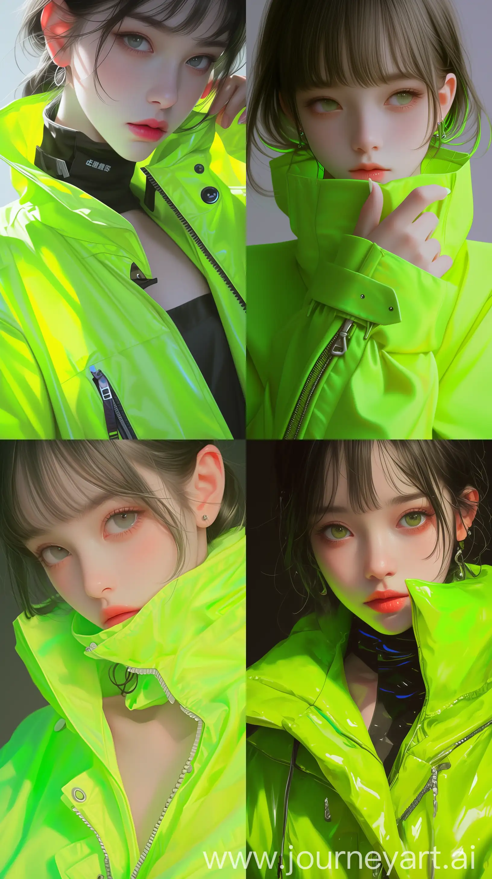 an animated girl in an fluorescent-green coat, in the style of cute and dreamy, realistic still-lifes, chinapunk, i can't believe how beautiful this is, close up --ar 9:16 --style raw --niji 6