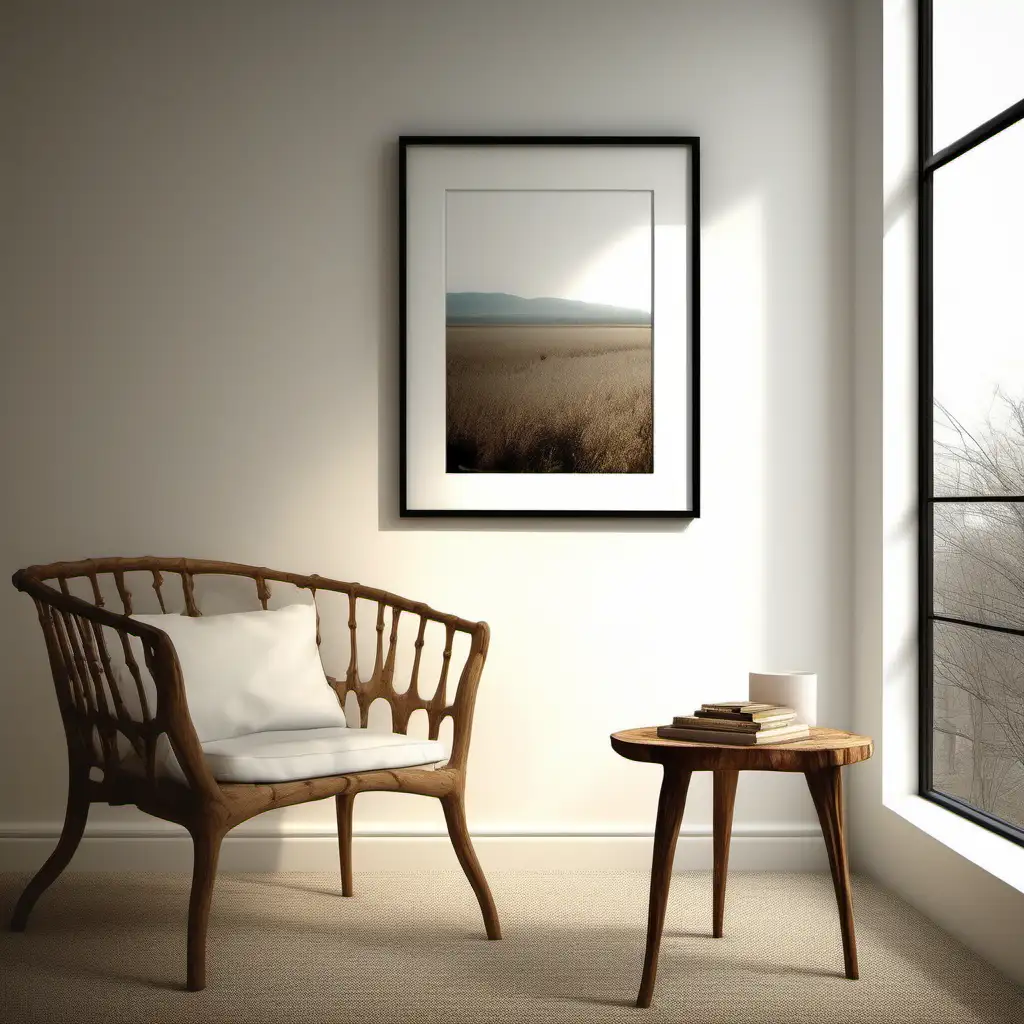 Imagine a serene scene with a blank frame elegantly positioned beside a window. Craft an atmosphere that exudes tranquility and sophistication. Detail the frame's simplicity and the way it complements the surrounding decor. Include subtle nuances of natural light streaming in through the window, casting gentle shadows on the blank canvas within the frame. Consider the placement of furniture, perhaps a cozy chair or a minimalist table, to enhance the overall ambiance. Emphasize the potential for personalization and creativity within the frame, inviting the viewer to envision their own artwork or photograph in this peaceful setting