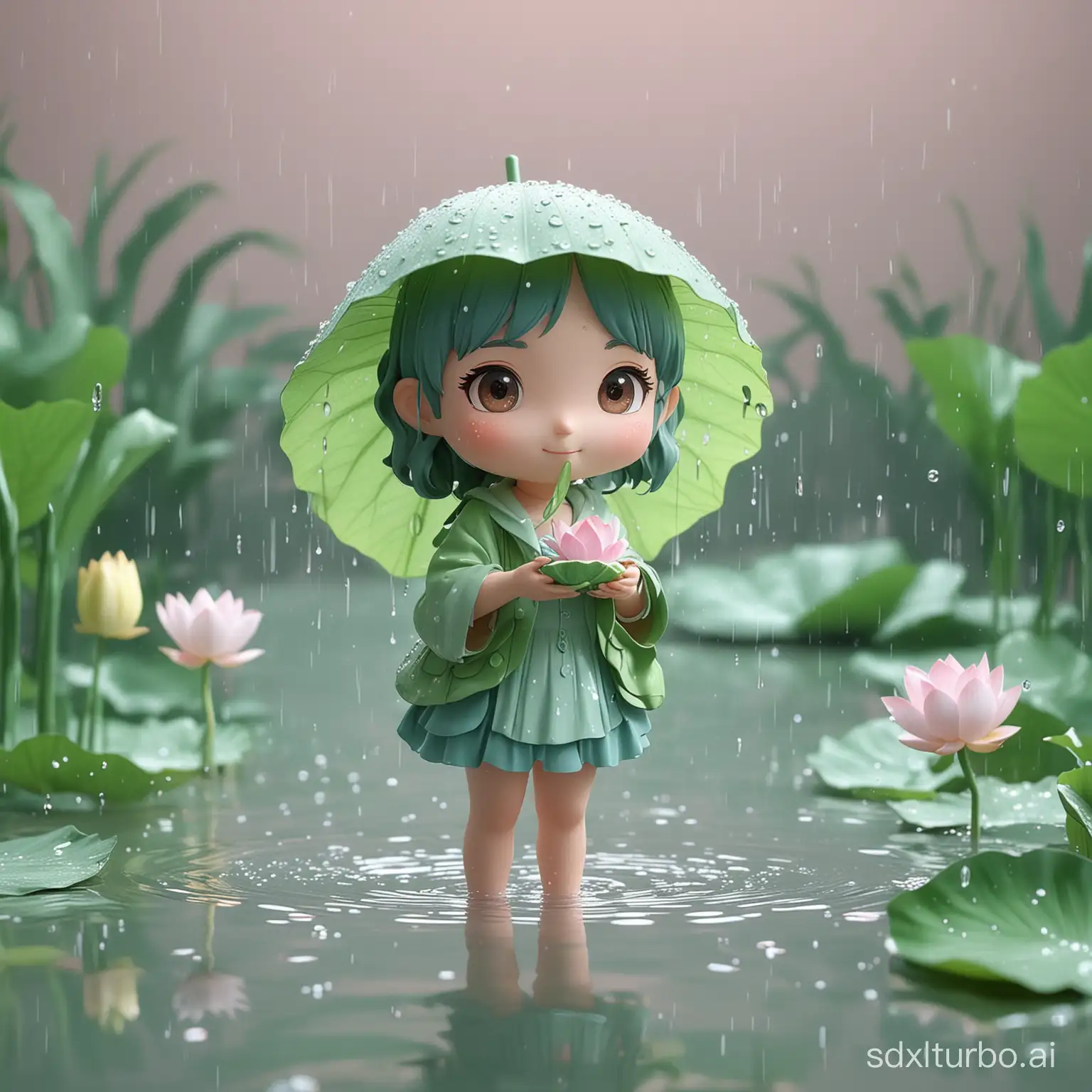 Super cute girl, holding a lotus leaf, light rain, pond, super cute girl IP by pop mart, pastel color, mockup, blind box toy, fine luster, clean background, 3D render, oc render, best quality, 4k, ultra detoiled