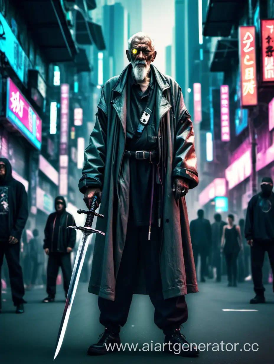 Старик в одежде уличная мода стоит с мечом посреди киберпанк города