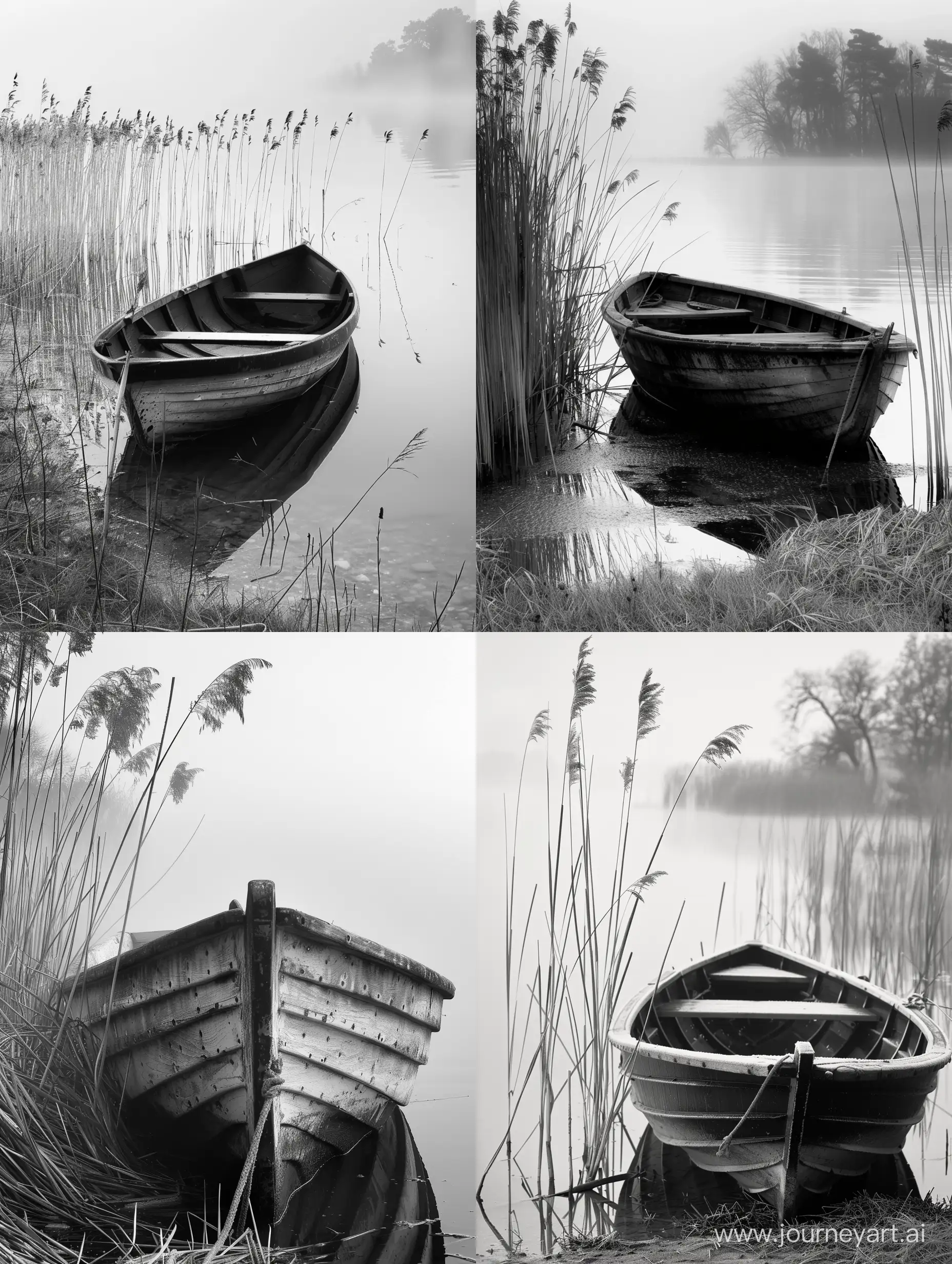 Sponda lago, nebbia leggera, canneto, piccola barca di legno, bianco e nero. 