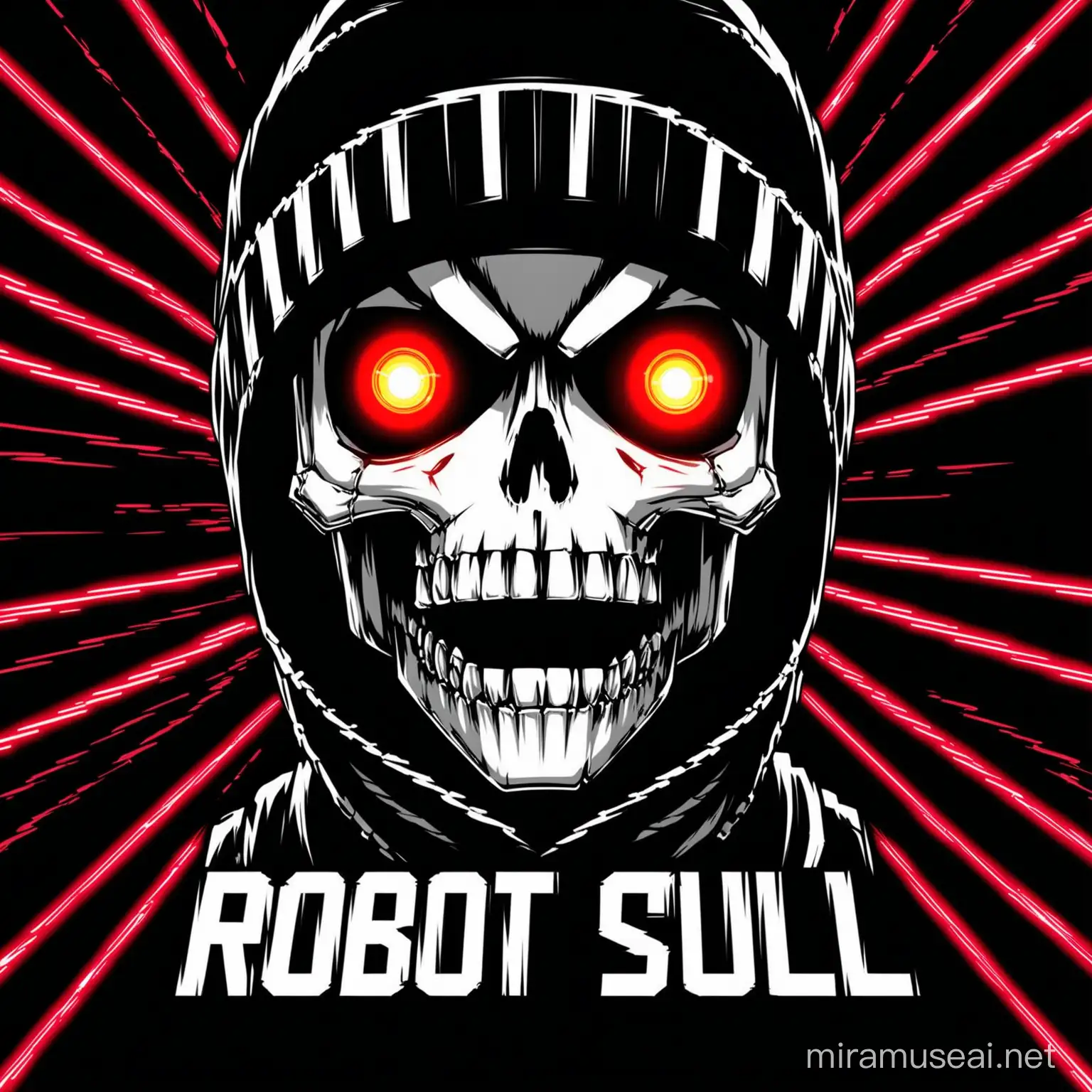 Robot Skull Face with red laser eyes, wearing black and white beanie, mouth open, black background with anime text style.