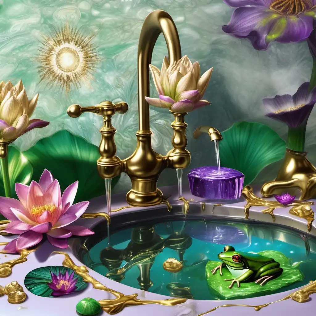 Renaissance painting masterpiece with Billionaire frogs swimming in the pond sink fountain of youth dripping gold liquid abundance. Crystal hand soap on the side with shiny green purple soap. 3d cube purple crystal lily pads and lotus flowers. Sun rays shining 