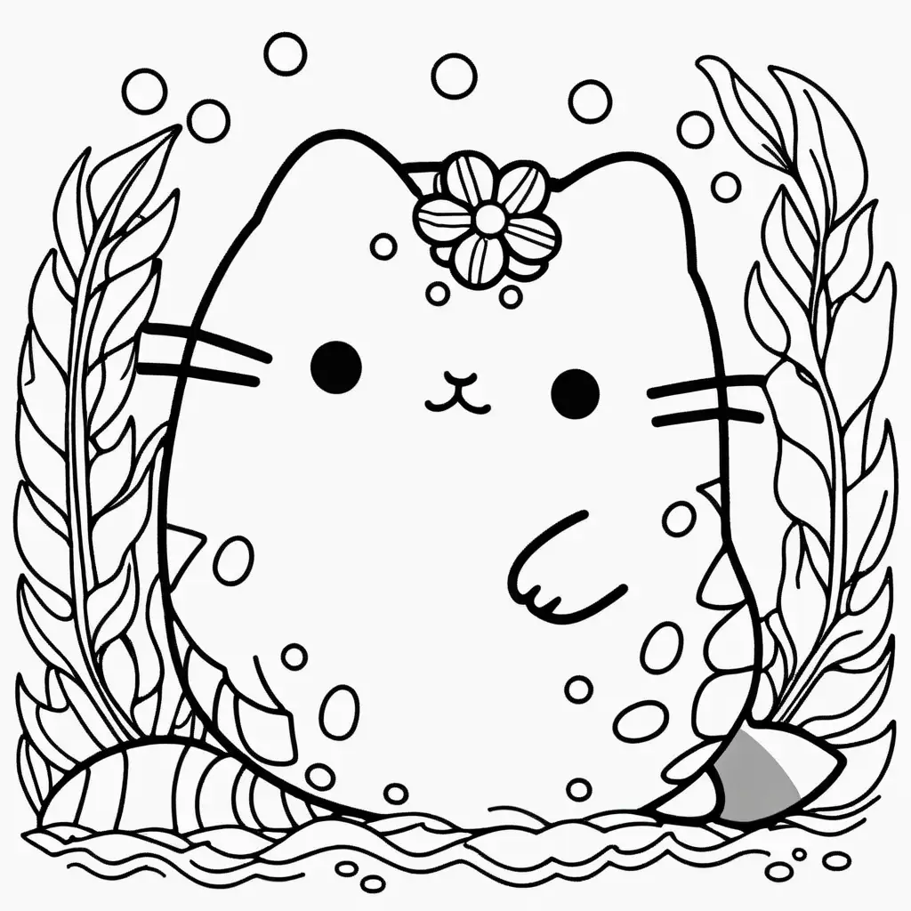 coloring page cute pusheen mermaid simple