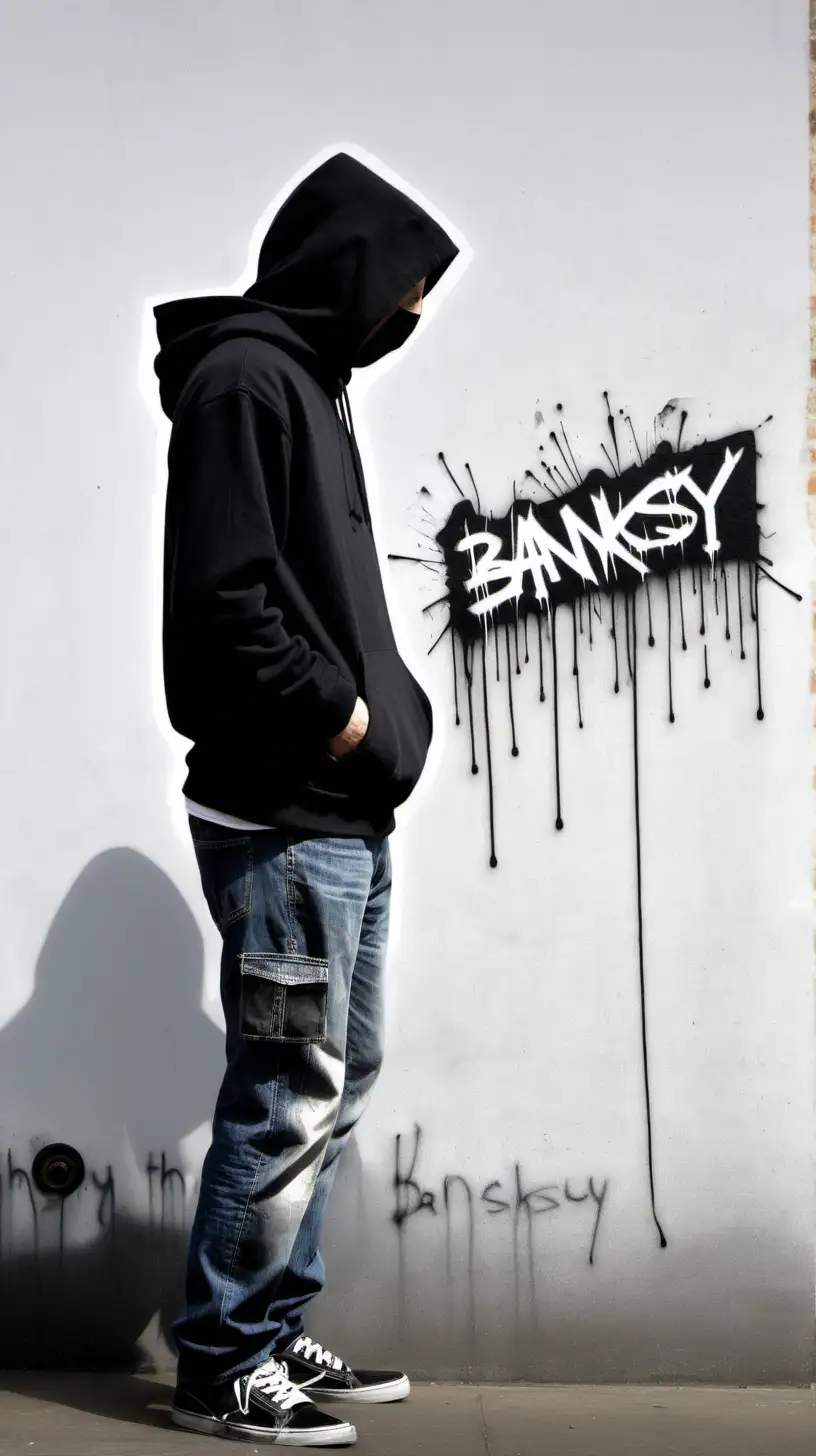 the artist Banksy, depicted with a black hoodie on, shown from the side to not see his face with the words "Banksy" spray painted underneath