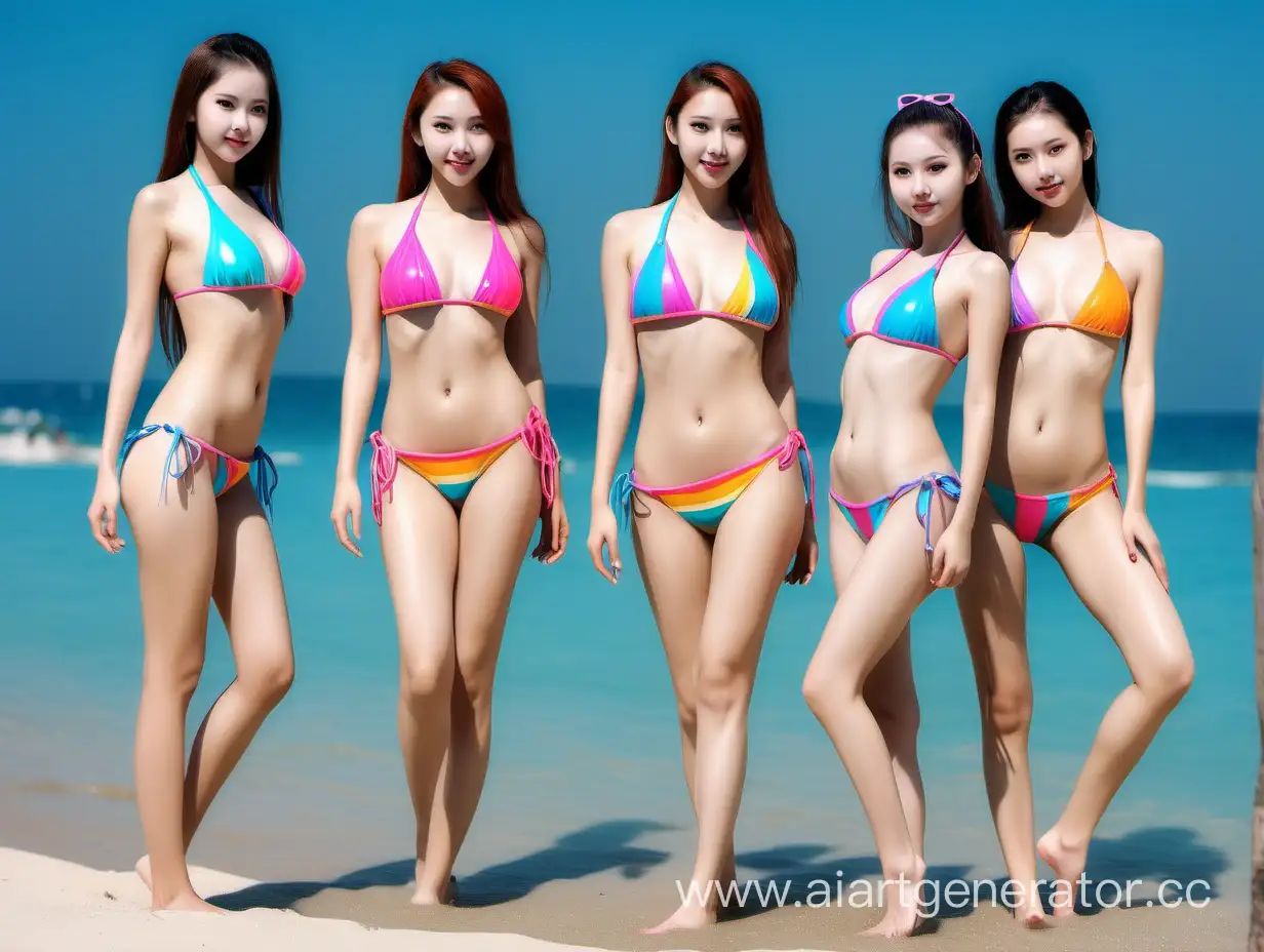 Vibrant-Group-of-Five-Girls-in-Stylish-Bikinis-Enjoying-a-Beach-Day