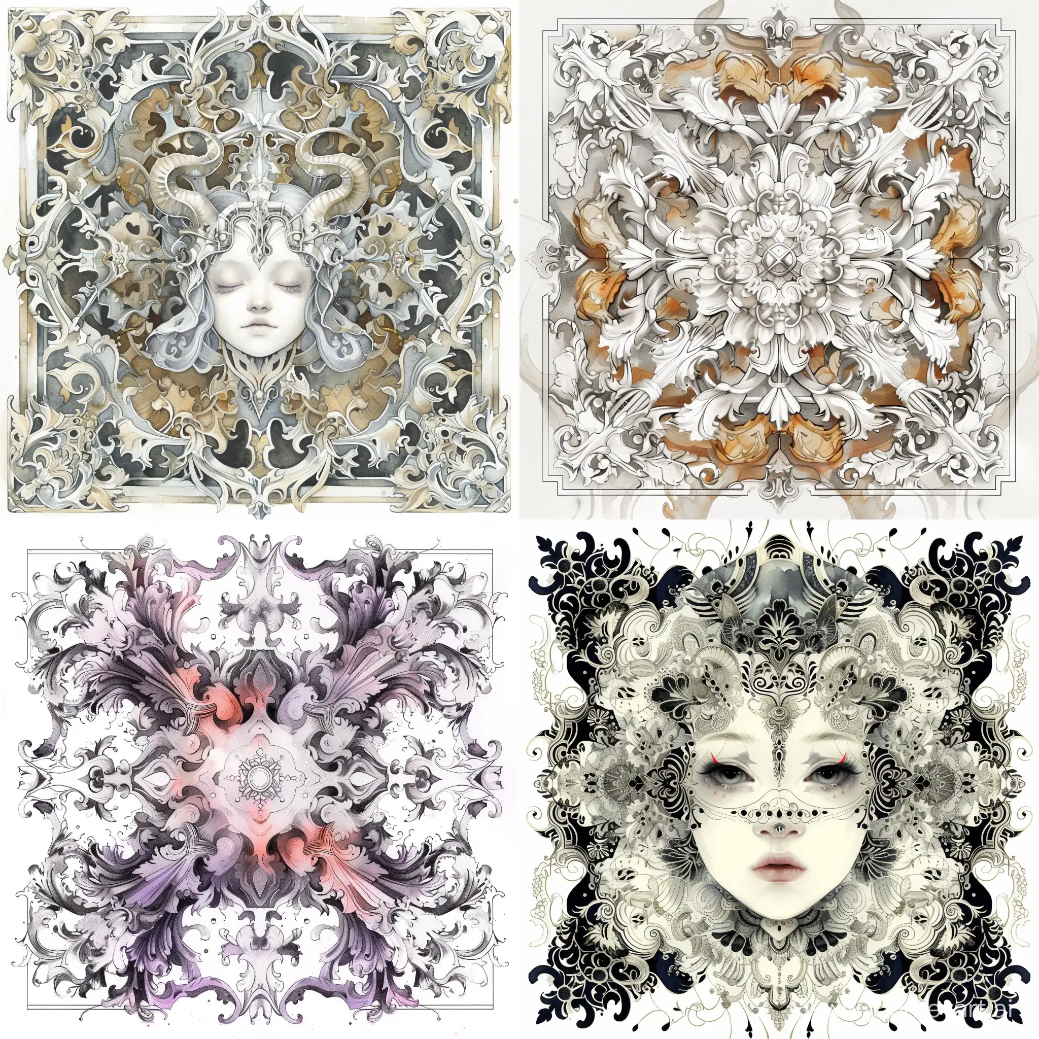 Symmetrical geometric, square, background, detailed, stylized caricature, lots of details, lots of white, baroque, Victor Ngai style, watercolor, decorative, flat drawing