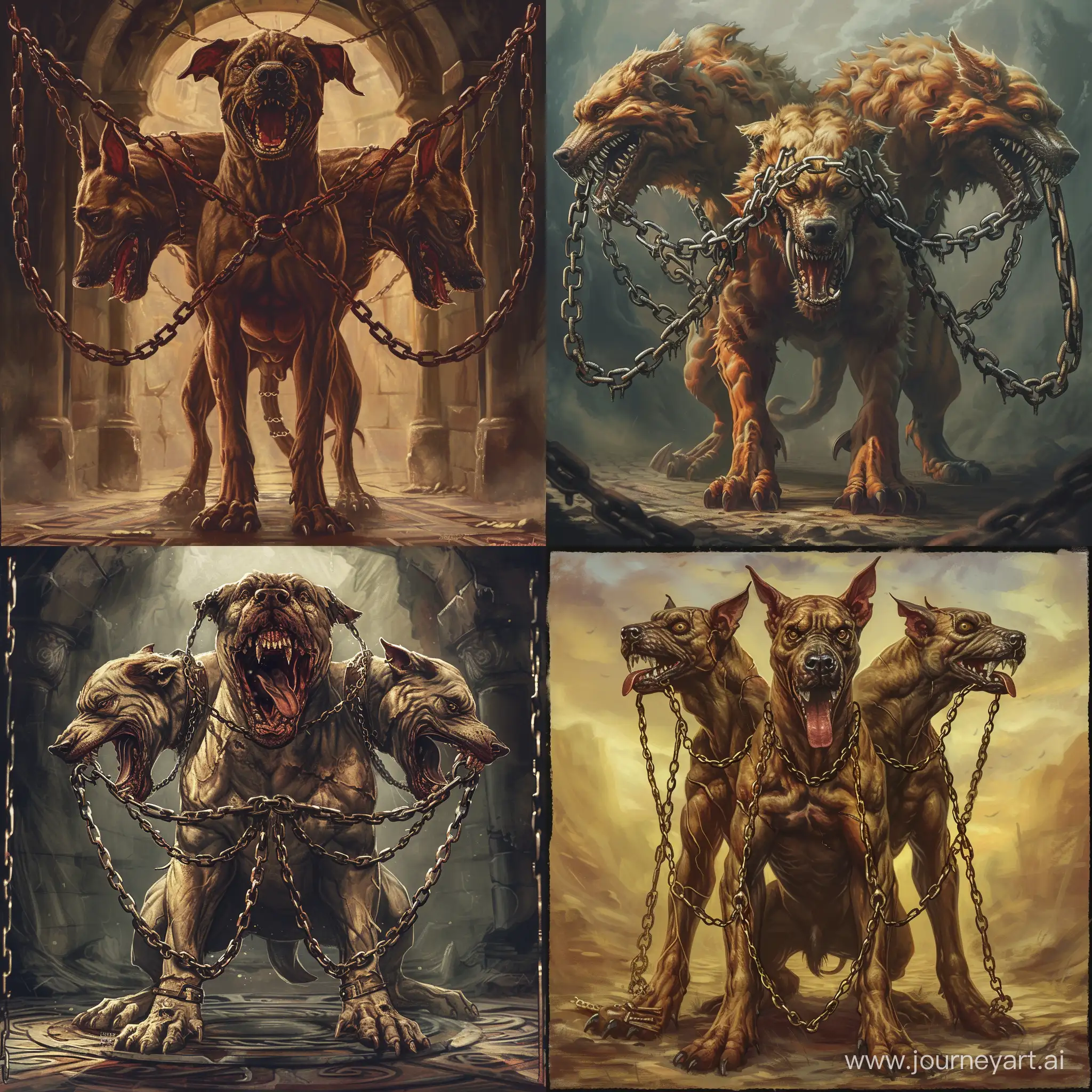 Greek mythological creature Cerberus. Three headed giant dog. Bounded by holy chains. The guardian of the underworld of Greek mythology. Surrealism. Digital art.