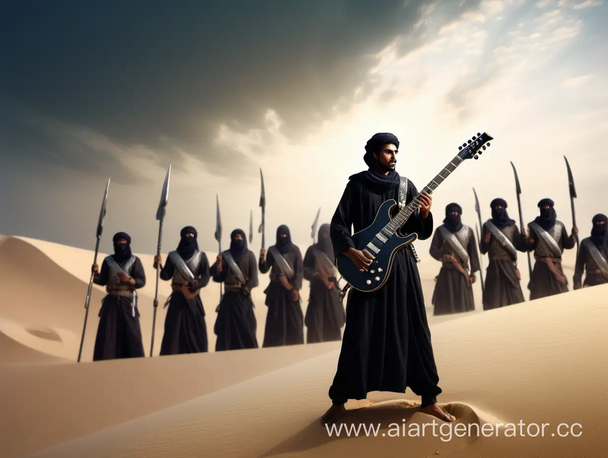 Arab-Warrior-Playing-Electric-Guitar-atop-Sand-Dune-Surrounded-by-Army