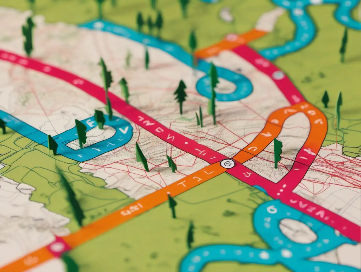 Vibrant Modern Adventure Trail Map with Colorful Arrows