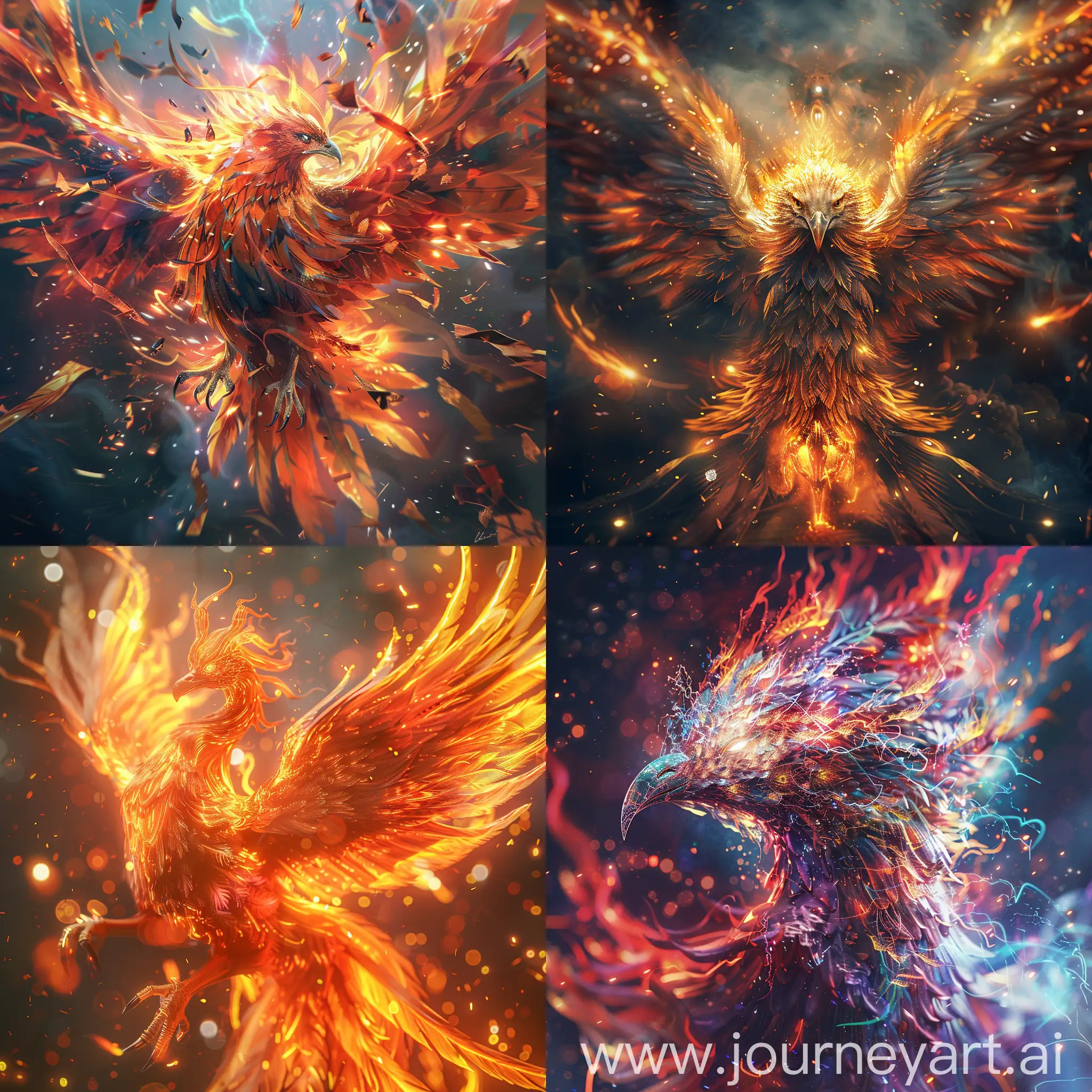 A majestic phoenix reborn from digital ashes in a blaze of holographic flames, anime realistic, hyper realistic anime, anime style 4 k, fierce expression 4k, photorealistic anime, realistic anime 3 d style, 4k highly detailed digital art, ultra detailed portrait, 8k high quality detailed art, anime highly detailed