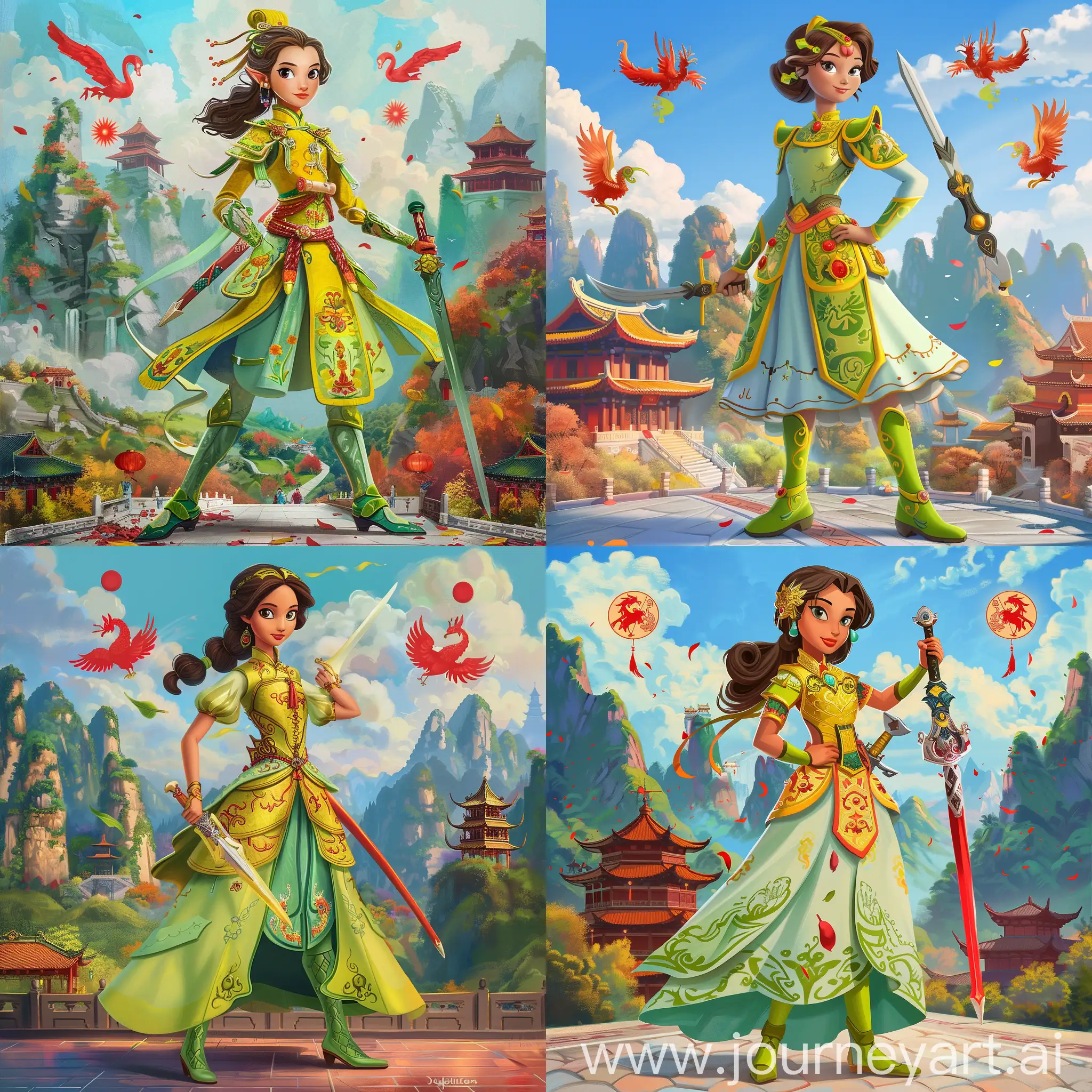 Historic painting style:

a beautiful and elegant Disney British Princess Amber, from Elena of Avalor cartoon, she has yellow brown color Empress Sisi hair style, she has white skin and looks like Princess Sisi, she wears kiwi and lime color Chinese style medieval armor and boots, she holds a Chinese sword in right hand, 

Chinese Guilin mountains and temple as background, red phoenix and three small red suns in blue sky.